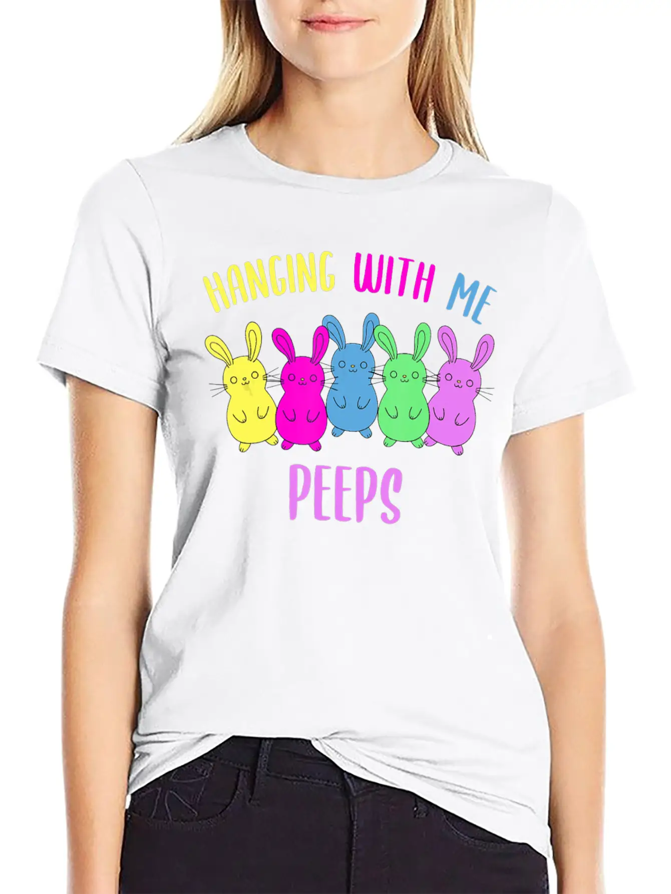 Funny Colorful Bunny Hanging With My Peeps Easter Soft Cotton Short Sleeve Tee ¨C Unisex Wardrobe Staple