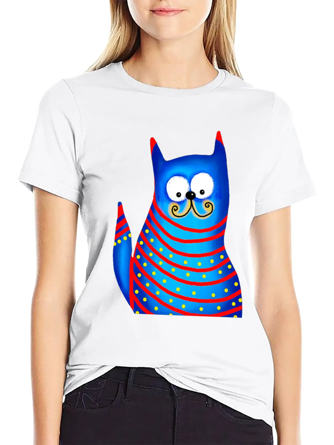Funny Modern Colorful Blue Cat Basic Graphic T-Shirt ¨C Daily Comfort In Soft Cotton