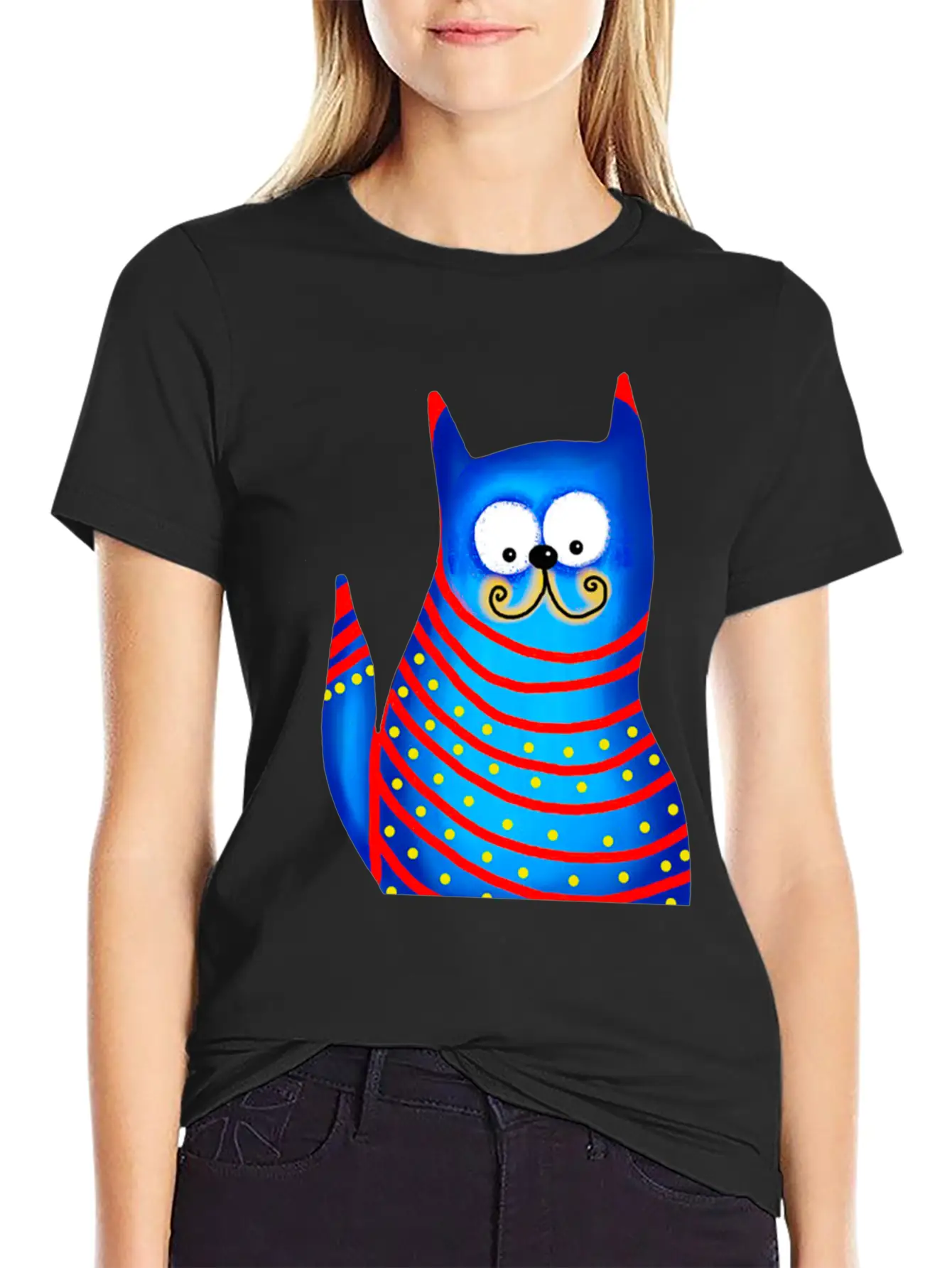 Funny Modern Colorful Blue Cat Basic Graphic T-Shirt ¨C Daily Comfort In Soft Cotton