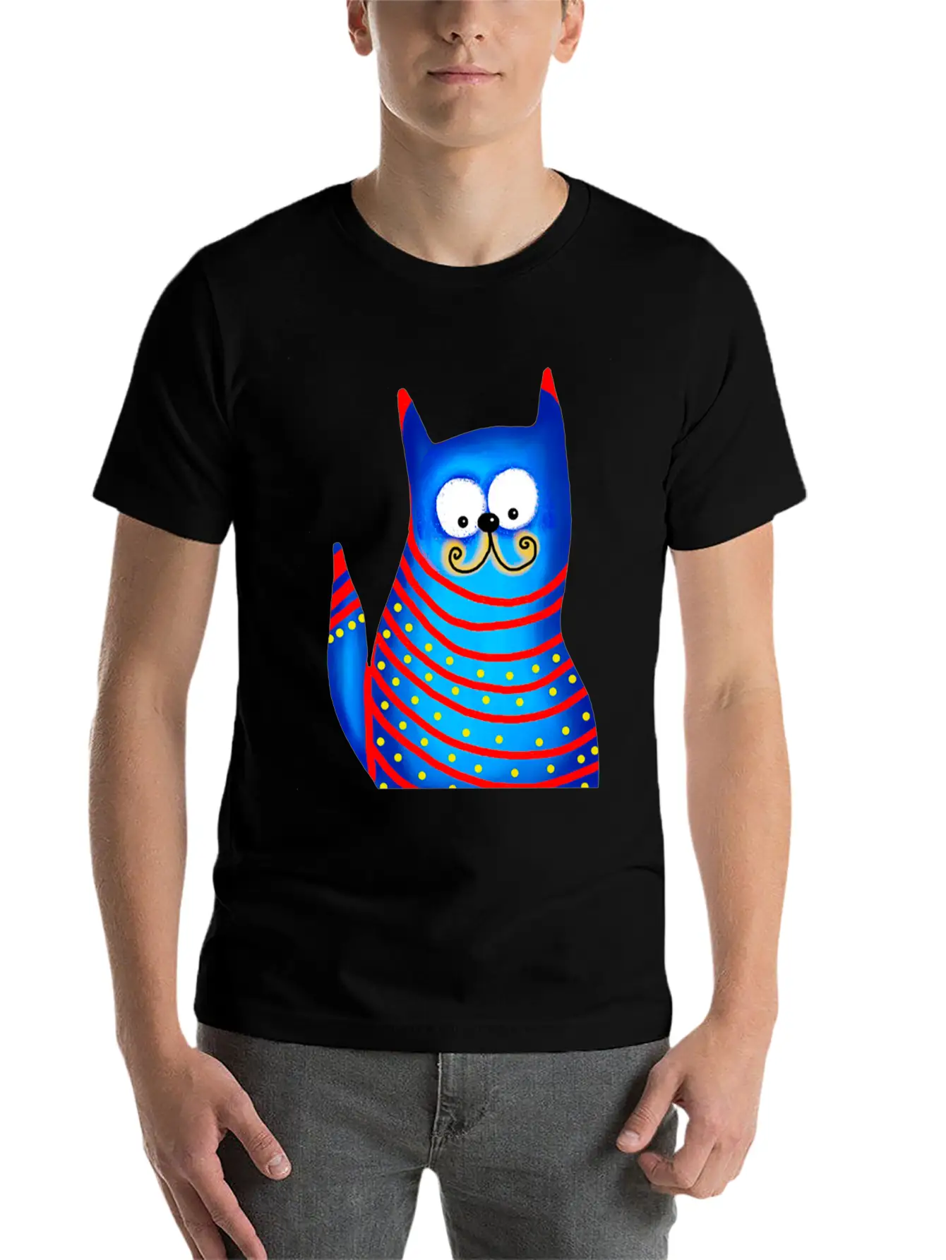 Funny Modern Colorful Blue Cat Basic Graphic T-Shirt ¨C Daily Comfort In Soft Cotton