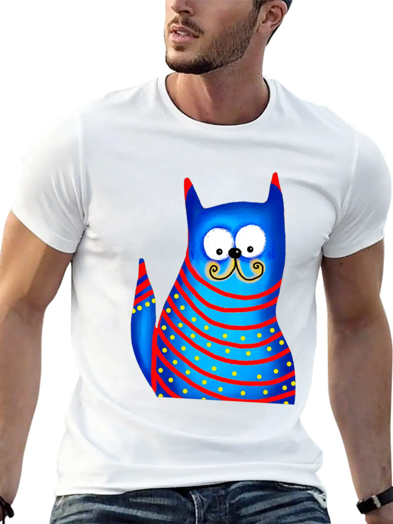 Funny Modern Colorful Blue Cat Basic Graphic T-Shirt ¨C Daily Comfort In Soft Cotton