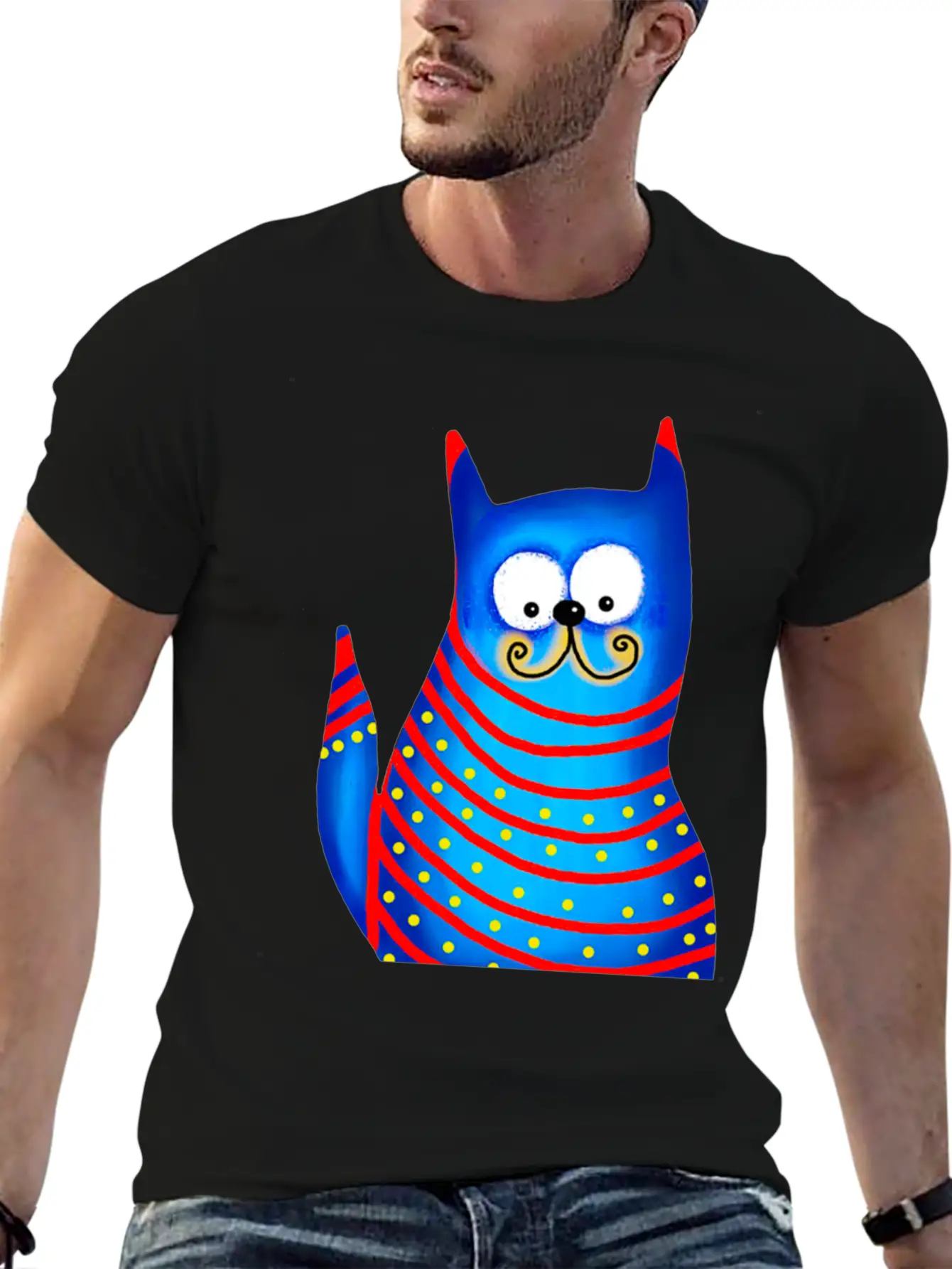 Funny Modern Colorful Blue Cat Basic Graphic T-Shirt ¨C Daily Comfort In Soft Cotton