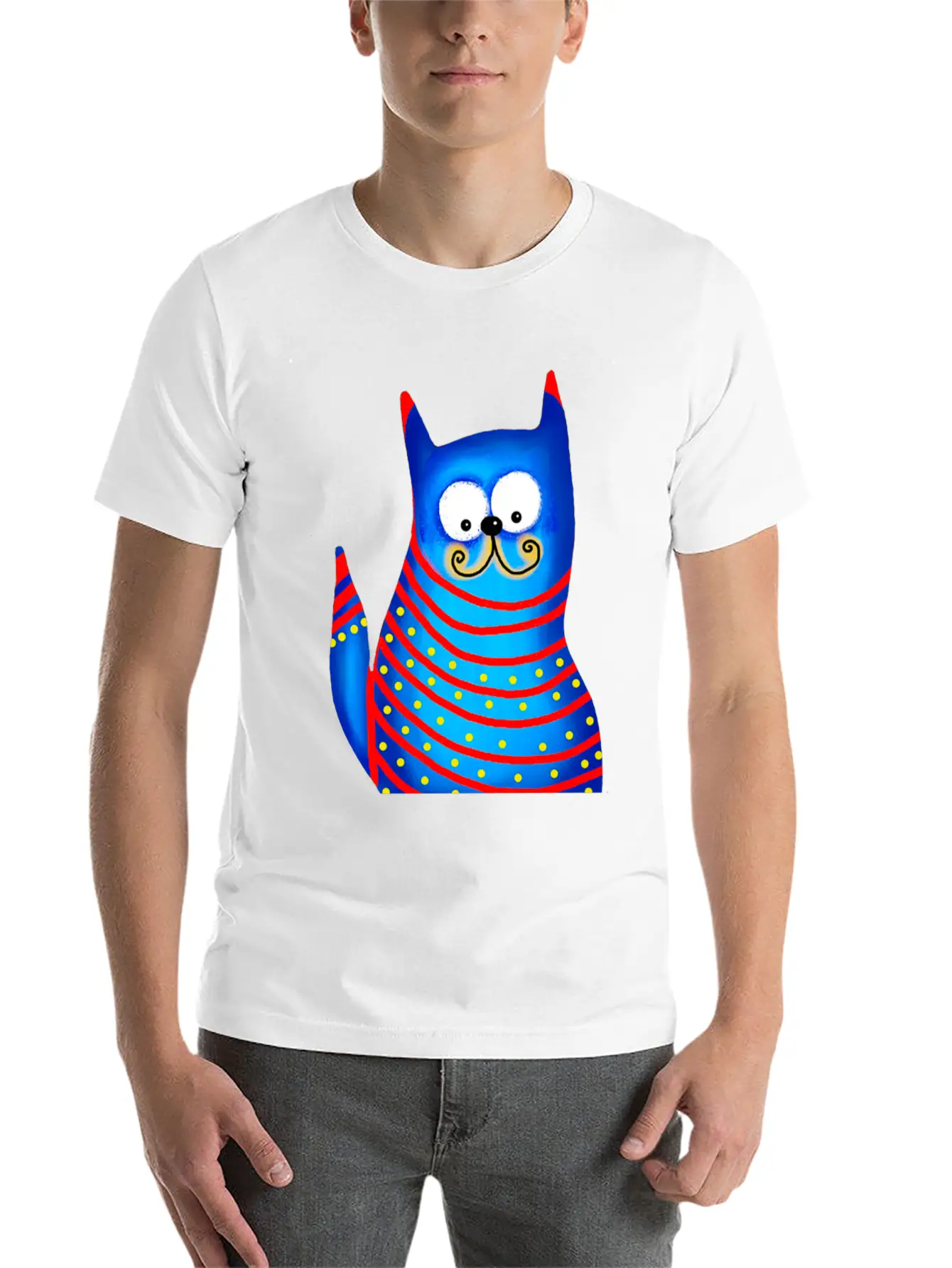 Funny Modern Colorful Blue Cat Basic Graphic T-Shirt ¨C Daily Comfort In Soft Cotton