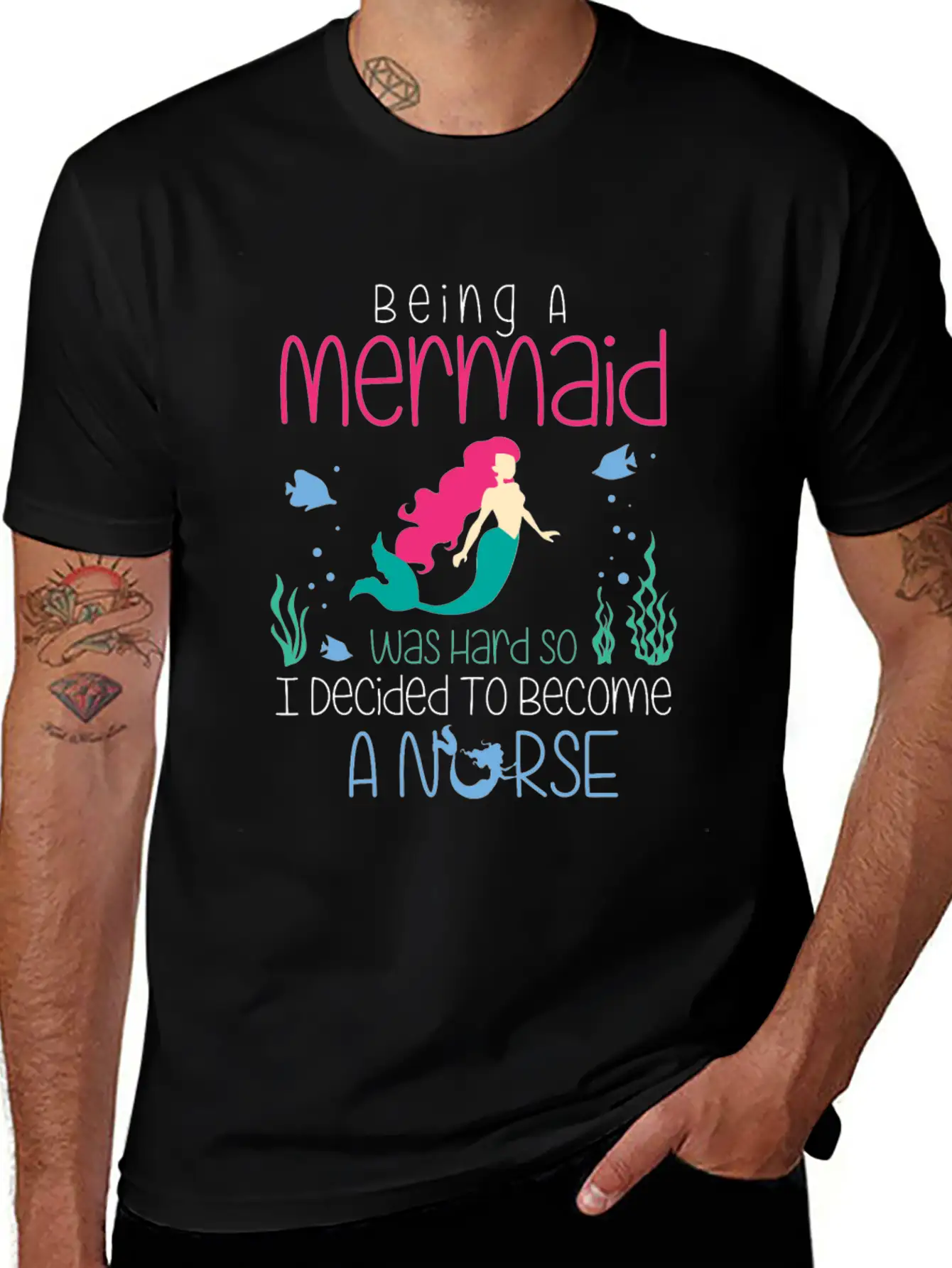 Funny Nurse T-Shirt Mermaid Design Gift Christmas Essential Cotton Tee For Daily Outfits ¨C Unisex Style