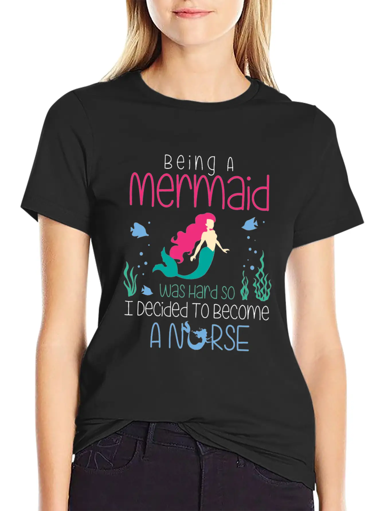 Funny Nurse T-Shirt Mermaid Design Gift Christmas Essential Cotton Tee For Daily Outfits ¨C Unisex Style