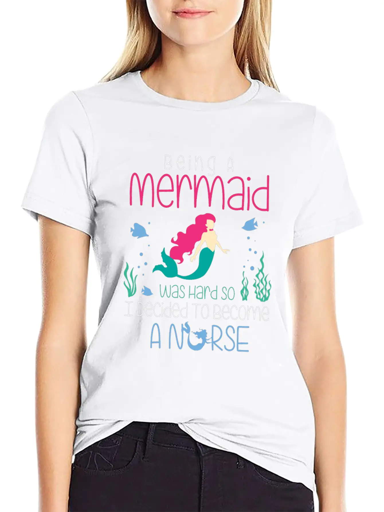 Funny Nurse T-Shirt Mermaid Design Gift Christmas Essential Cotton Tee For Daily Outfits ¨C Unisex Style