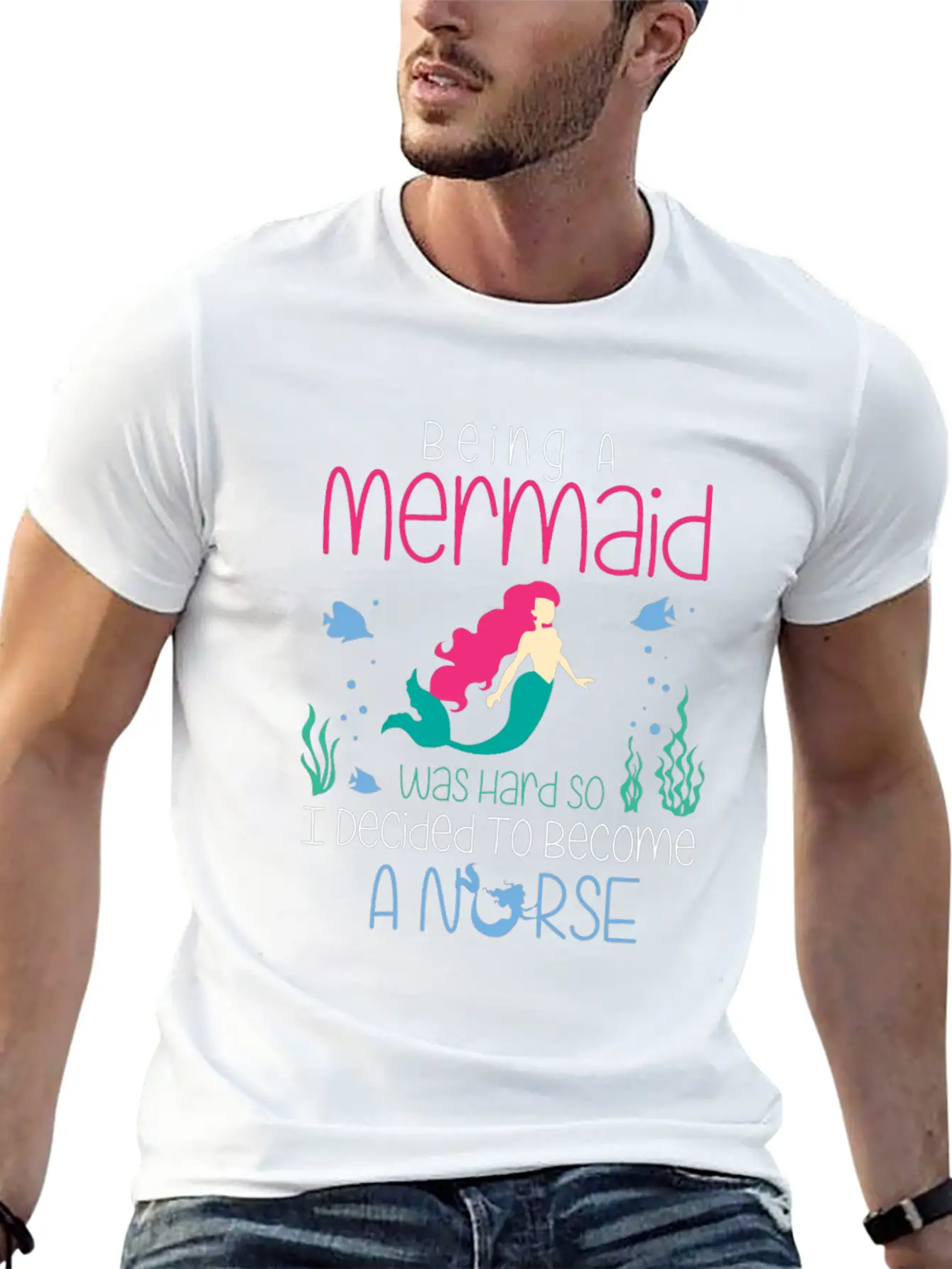 Funny Nurse T-Shirt Mermaid Design Gift Christmas Essential Cotton Tee For Daily Outfits ¨C Unisex Style