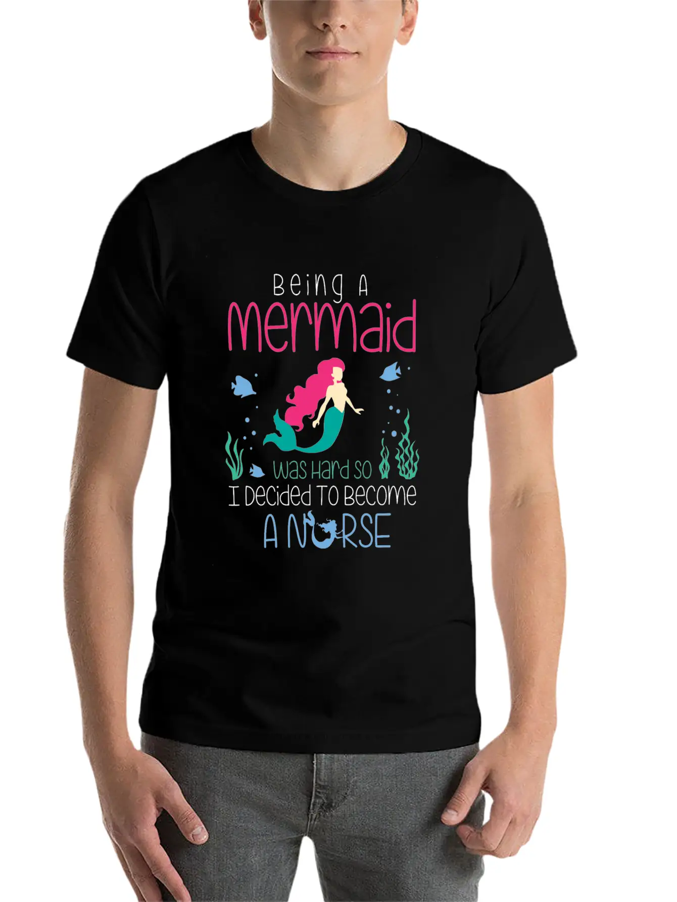 Funny Nurse T-Shirt Mermaid Design Gift Christmas Essential Cotton Tee For Daily Outfits ¨C Unisex Style