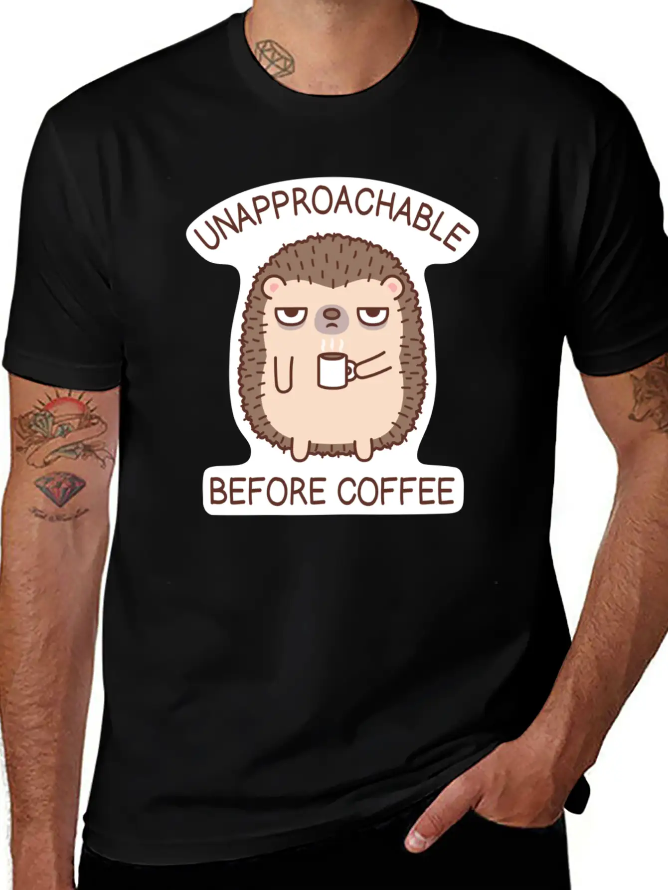 Funny Unapproachable Before Coffee Hedgehog Doodle Basic Graphic T-Shirt ¨C Daily Comfort In Soft Cotton