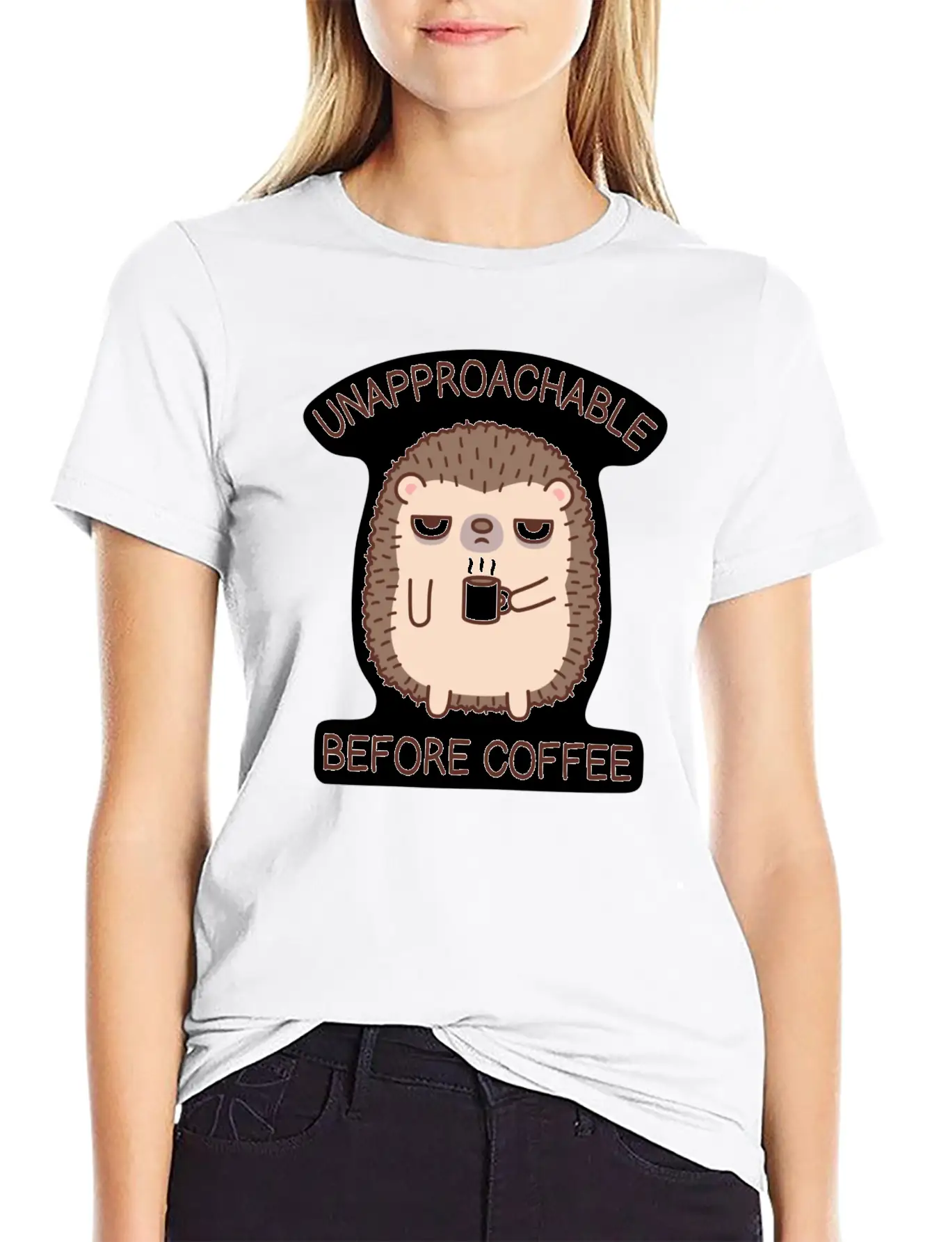 Funny Unapproachable Before Coffee Hedgehog Doodle Basic Graphic T-Shirt ¨C Daily Comfort In Soft Cotton