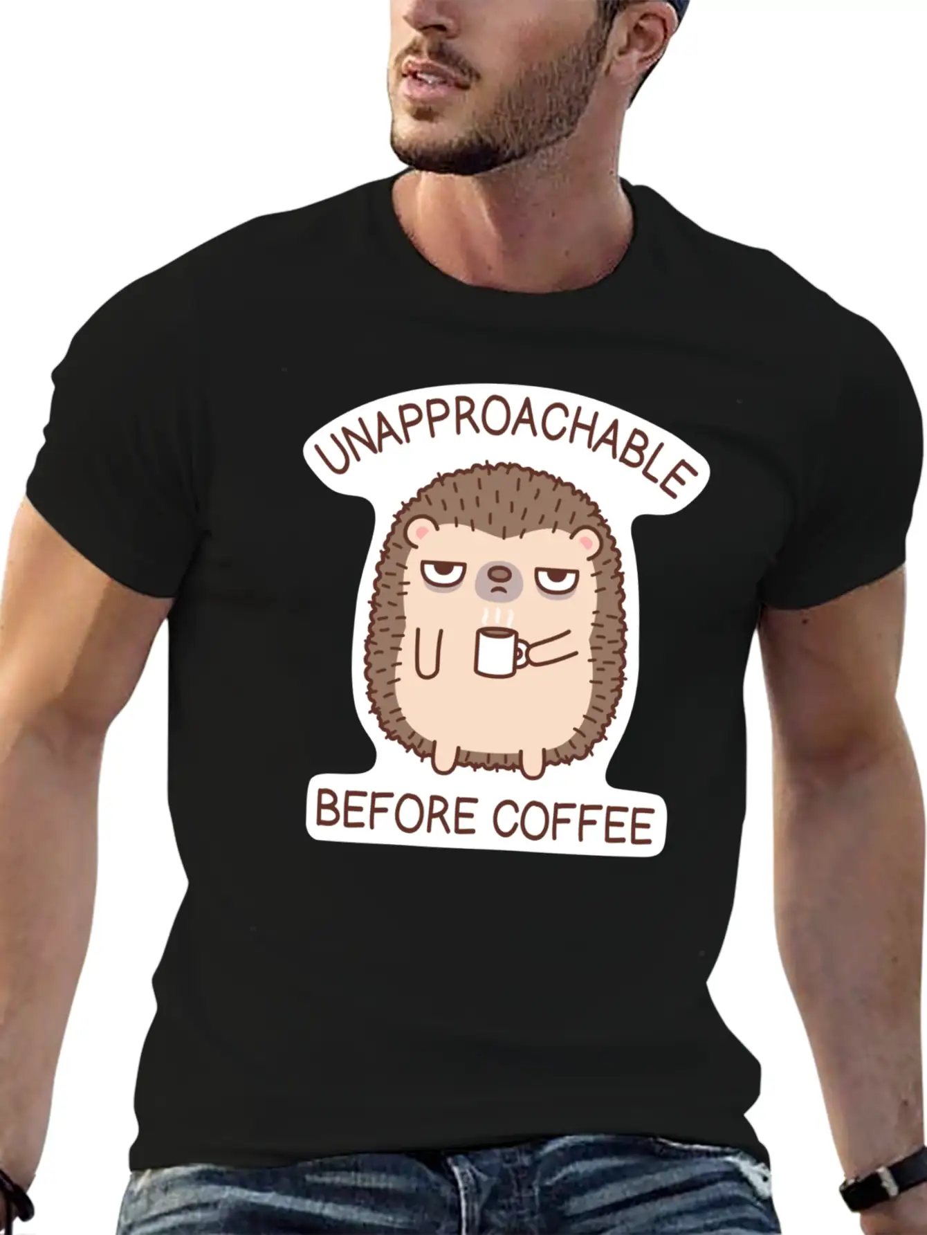 Funny Unapproachable Before Coffee Hedgehog Doodle Basic Graphic T-Shirt ¨C Daily Comfort In Soft Cotton