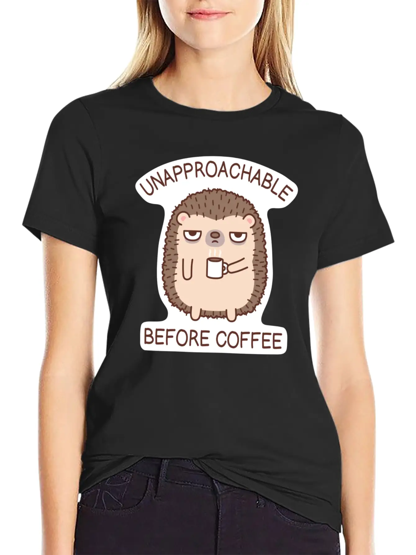 Funny Unapproachable Before Coffee Hedgehog Doodle Basic Graphic T-Shirt ¨C Daily Comfort In Soft Cotton