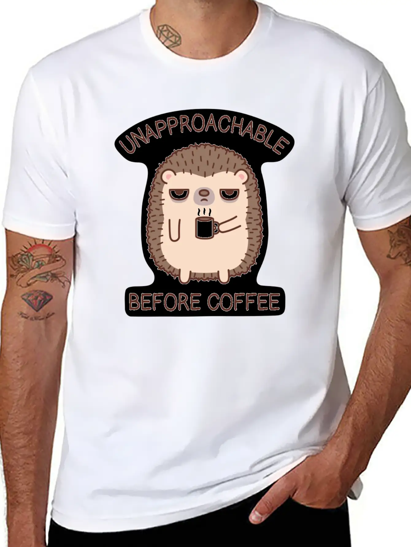 Funny Unapproachable Before Coffee Hedgehog Doodle Basic Graphic T-Shirt ¨C Daily Comfort In Soft Cotton