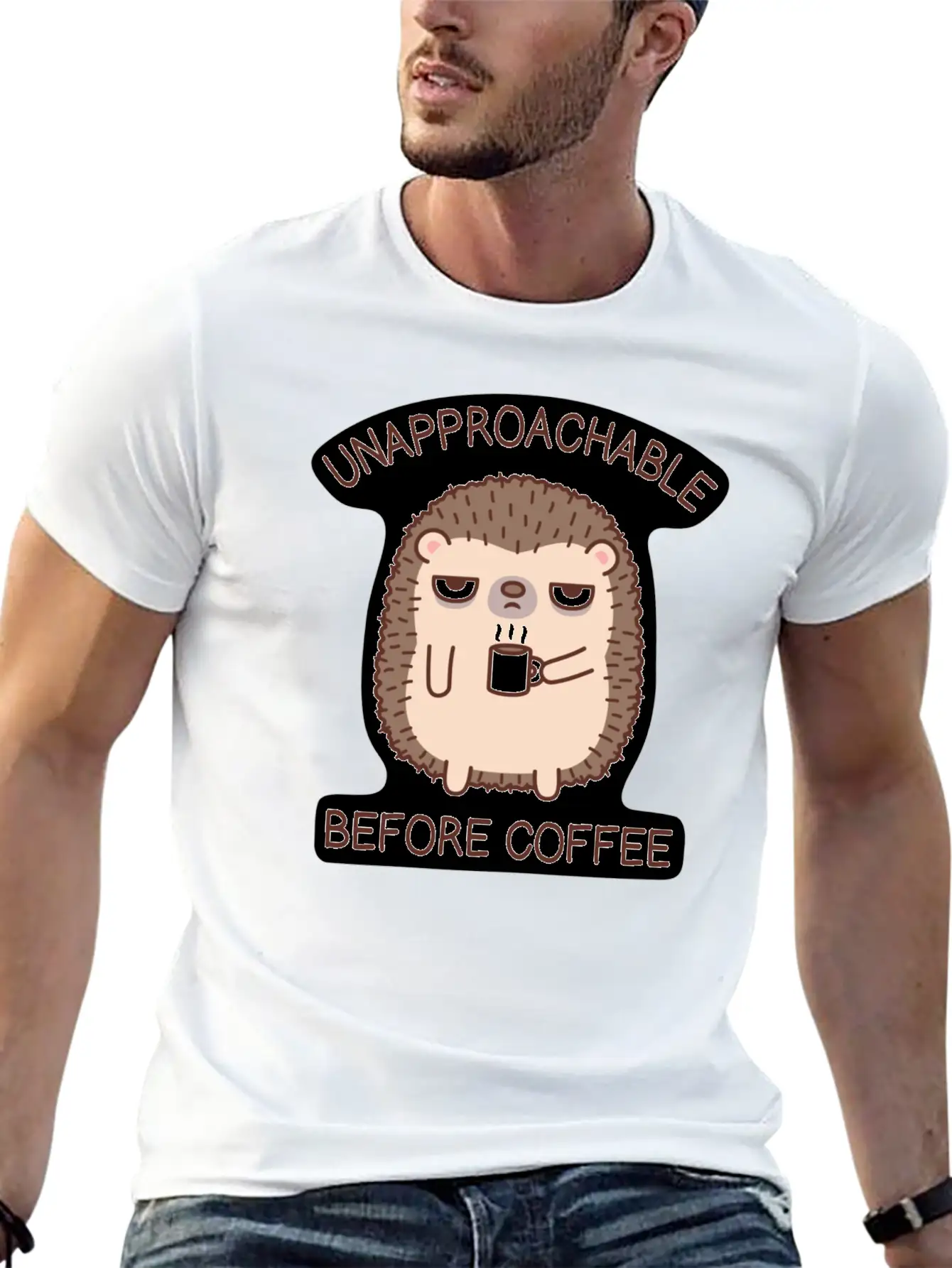 Funny Unapproachable Before Coffee Hedgehog Doodle Basic Graphic T-Shirt ¨C Daily Comfort In Soft Cotton