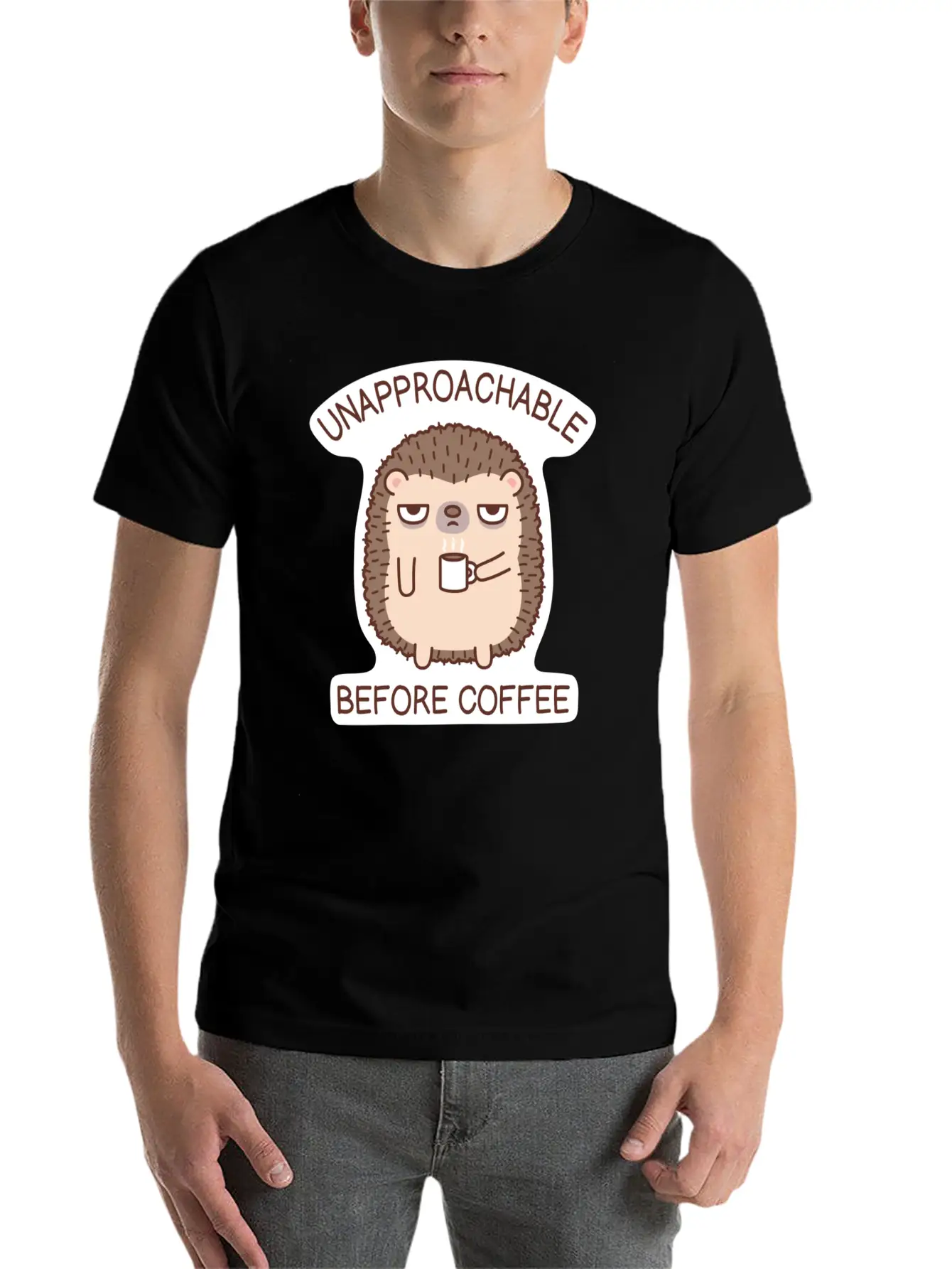 Funny Unapproachable Before Coffee Hedgehog Doodle Basic Graphic T-Shirt ¨C Daily Comfort In Soft Cotton