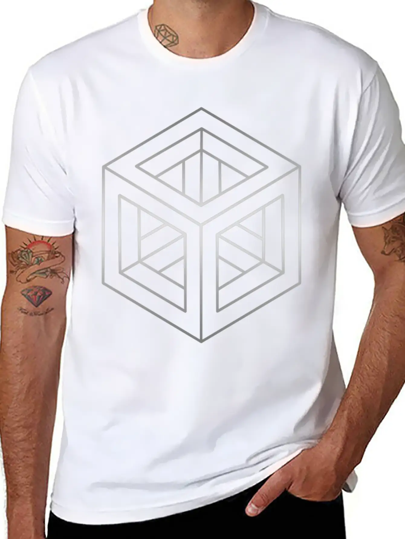 Geometric Optical Illusion Impossible Cube Essential Cotton Tee For Daily Outfits ¨C Unisex Style