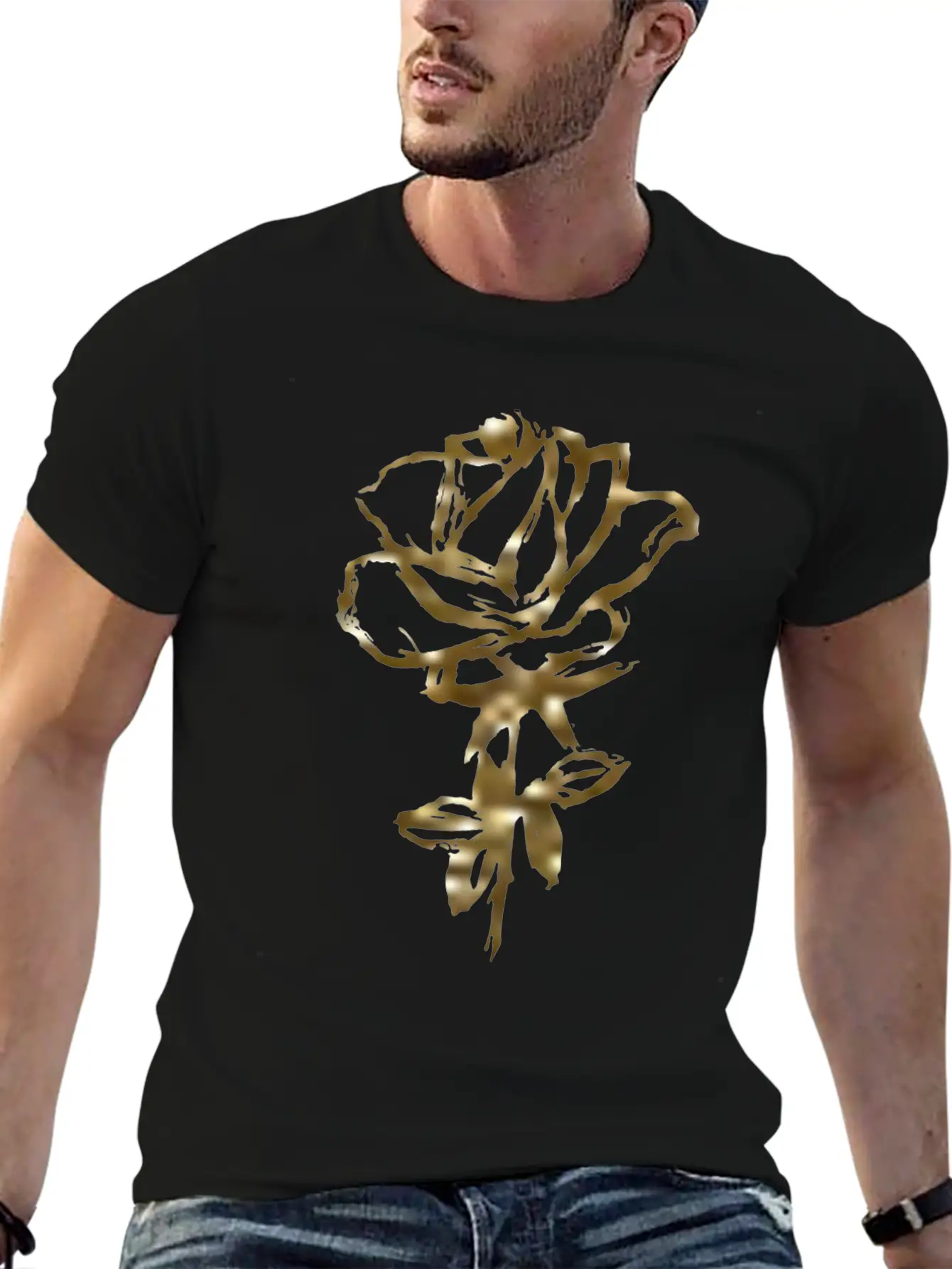 Gold Rose On A Black T-shirt For Men And Women. Unisex Casual T-Shirt ¨C Clean Design For Daily Comfort