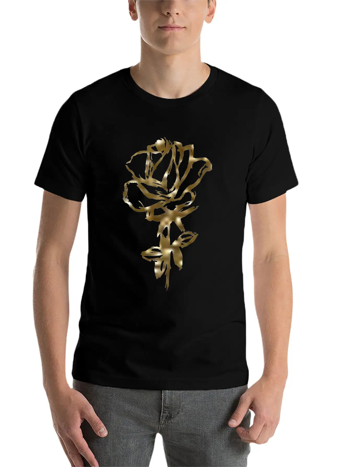 Gold Rose On A Black T-shirt For Men And Women. Unisex Casual T-Shirt ¨C Clean Design For Daily Comfort