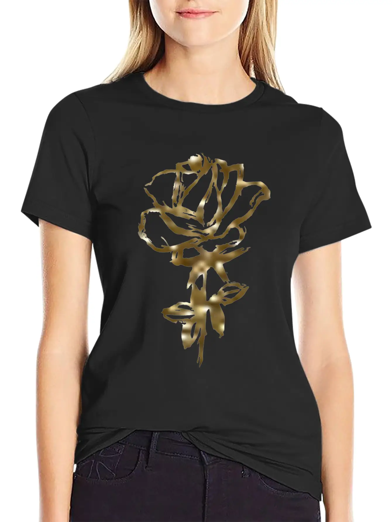 Gold Rose On A Black T-shirt For Men And Women. Unisex Casual T-Shirt ¨C Clean Design For Daily Comfort