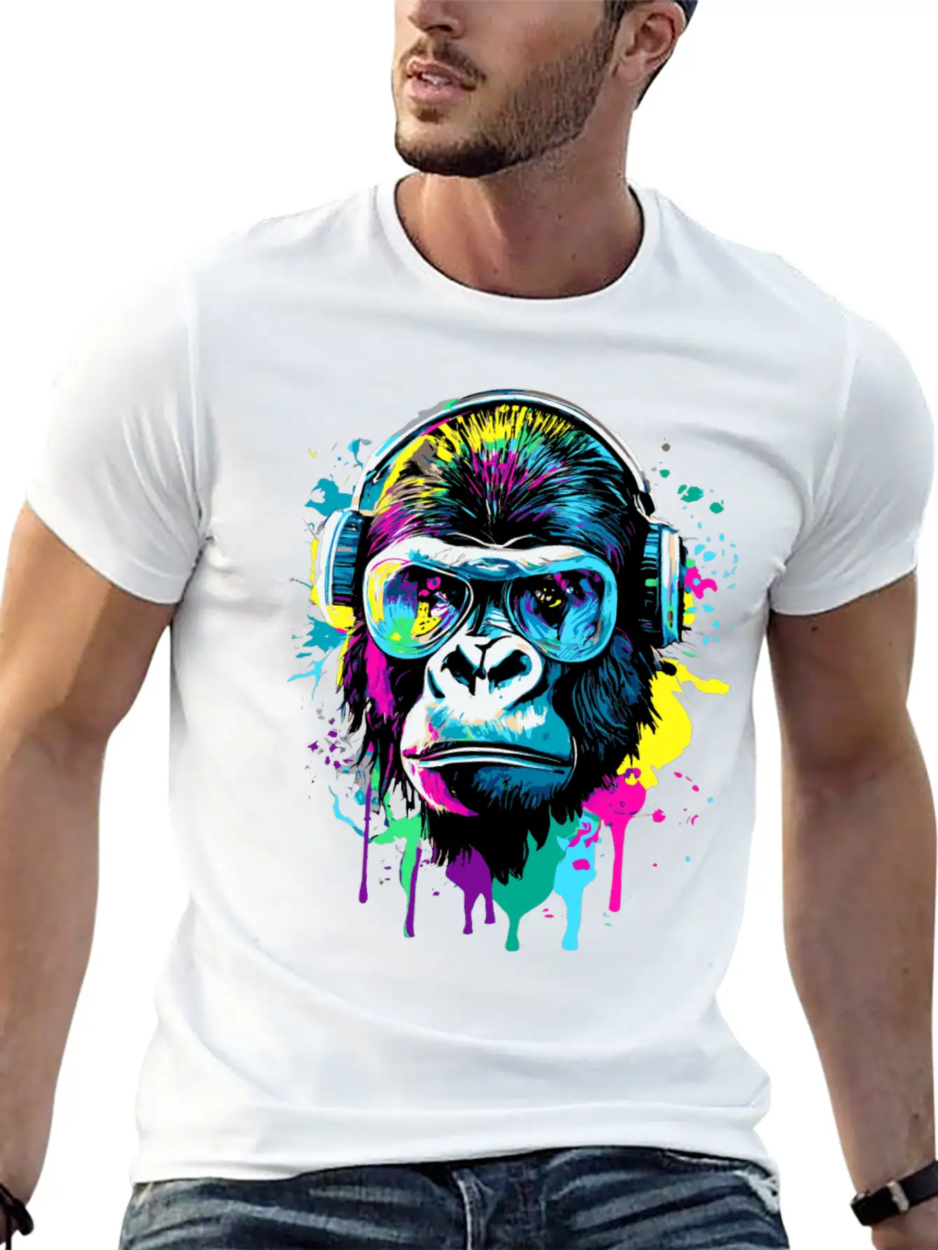 Gorilla With Headphones - Gorilla Illustration Essential Cotton Tee For Daily Outfits ¨C Unisex Style