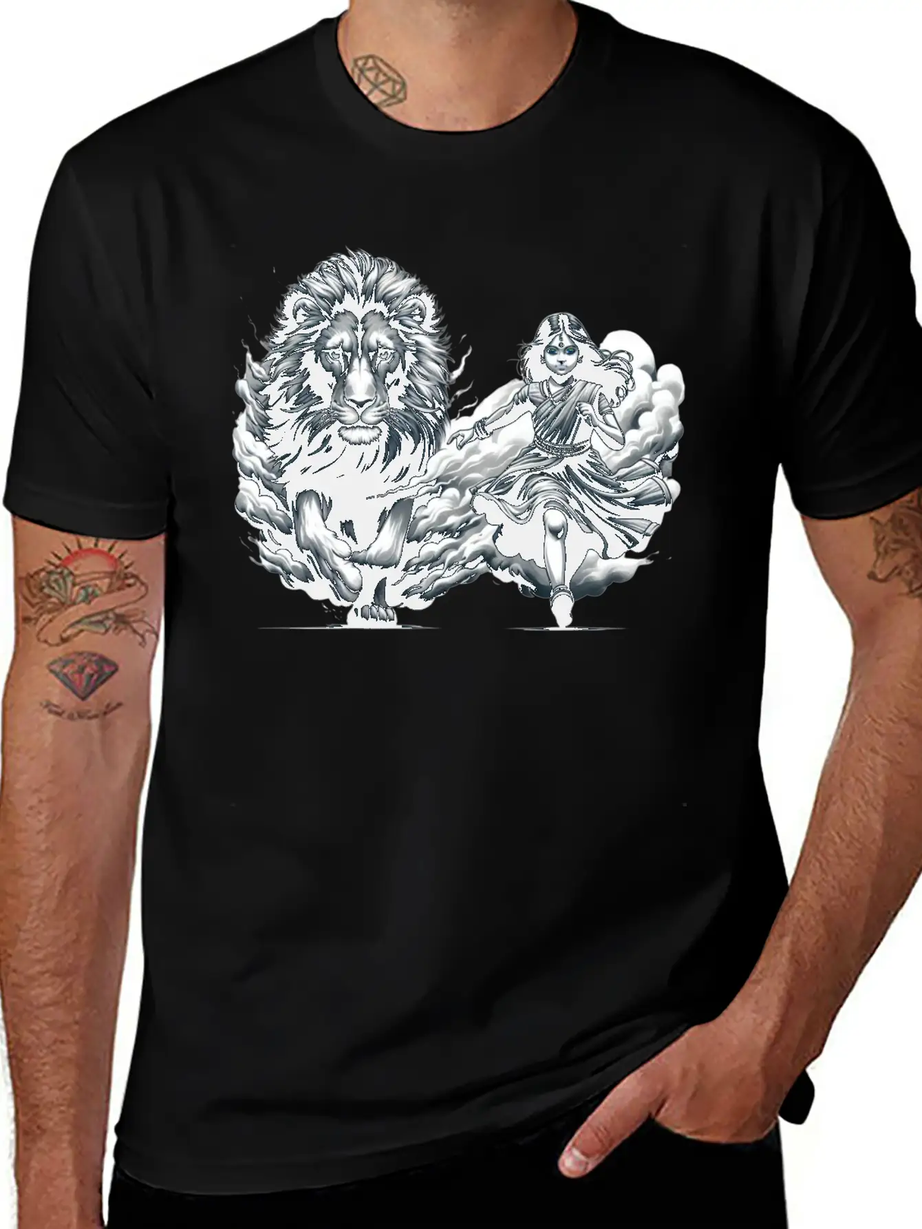 "Graceful Harmony: Girl Running With Lion In Gray Basic Graphic T-Shirt ¨C Daily Comfort In Soft Cotton