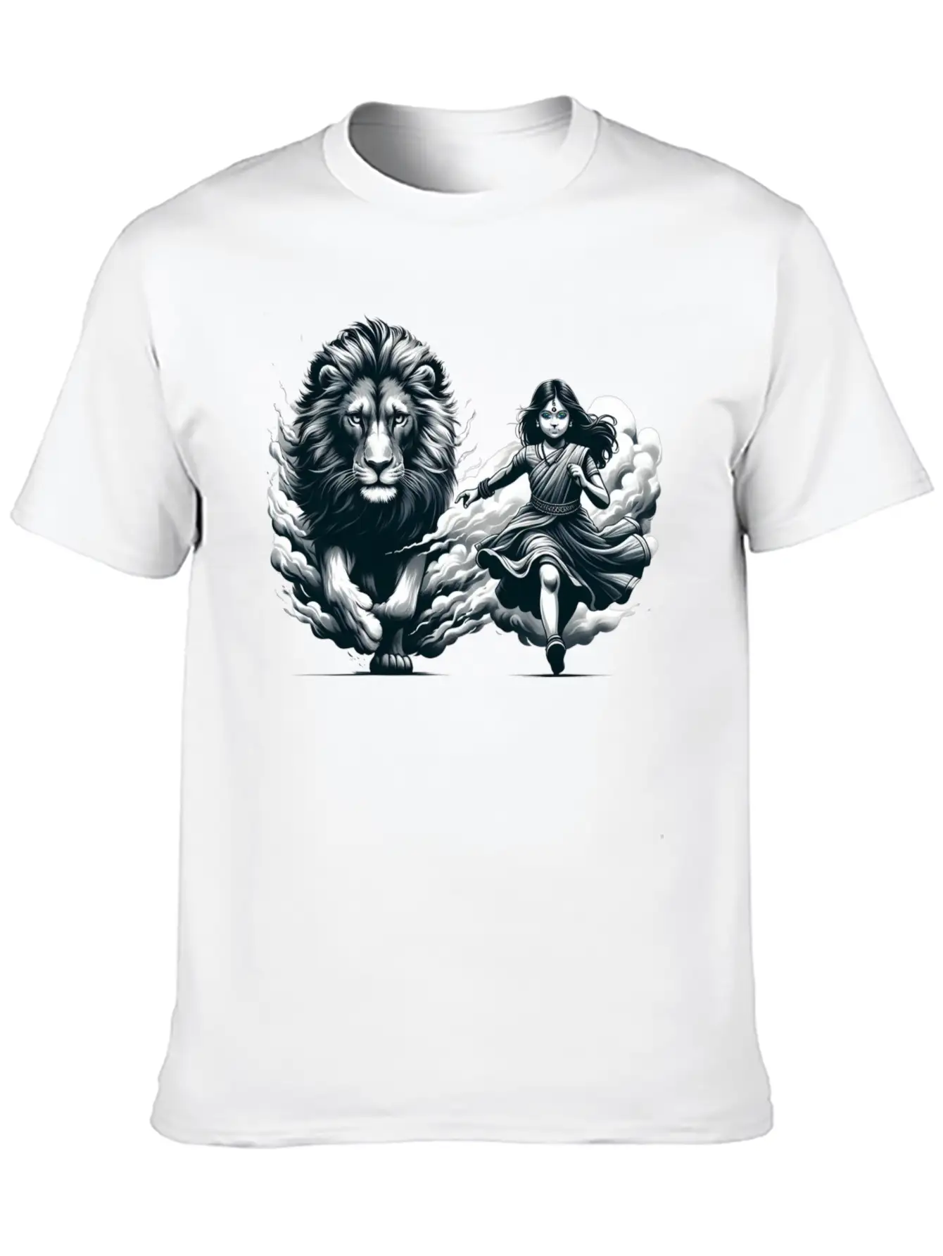 "Graceful Harmony: Girl Running With Lion In Gray Basic Graphic T-Shirt ¨C Daily Comfort In Soft Cotton