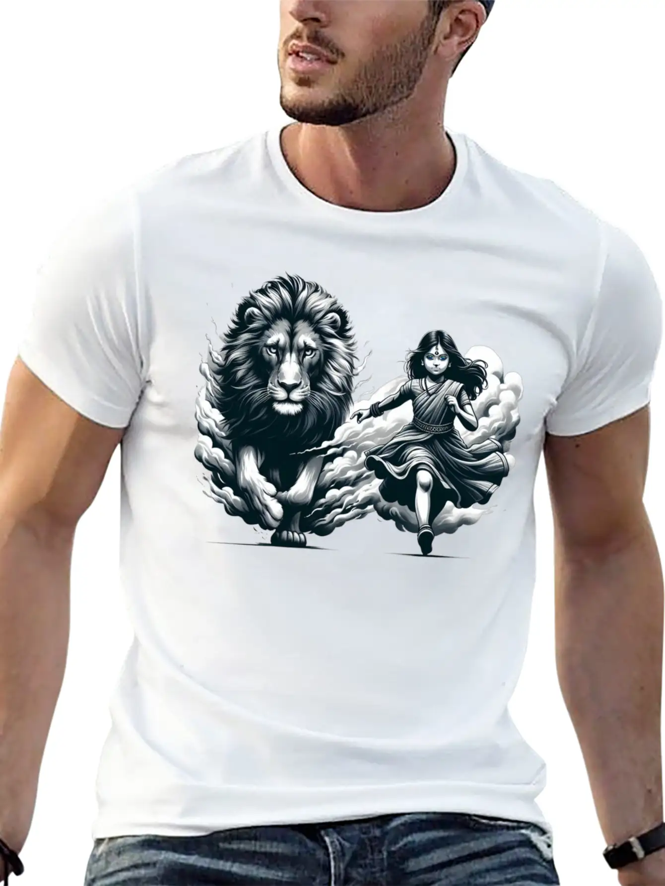 "Graceful Harmony: Girl Running With Lion In Gray Basic Graphic T-Shirt ¨C Daily Comfort In Soft Cotton