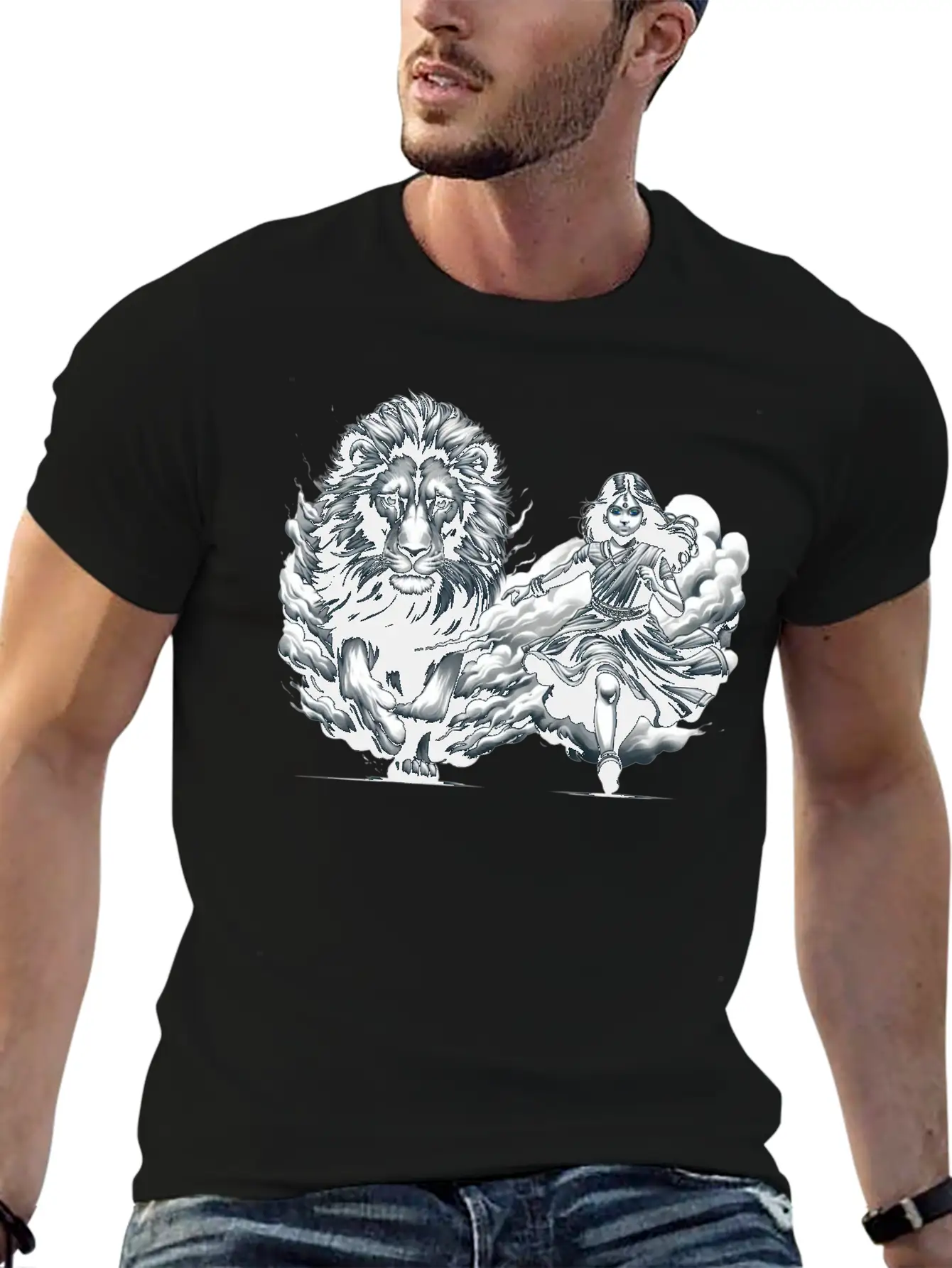 "Graceful Harmony: Girl Running With Lion In Gray Basic Graphic T-Shirt ¨C Daily Comfort In Soft Cotton