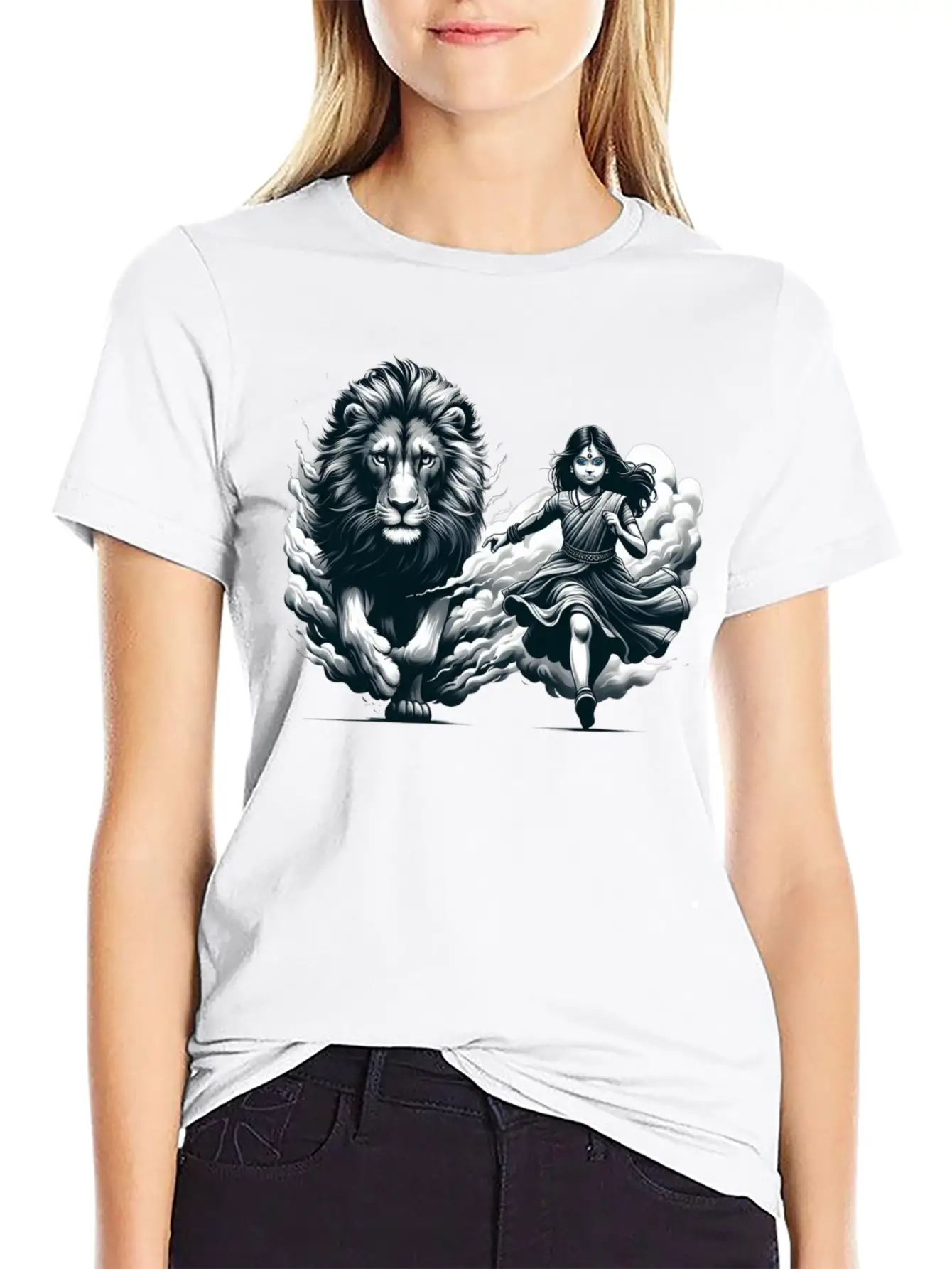 "Graceful Harmony: Girl Running With Lion In Gray Basic Graphic T-Shirt ¨C Daily Comfort In Soft Cotton