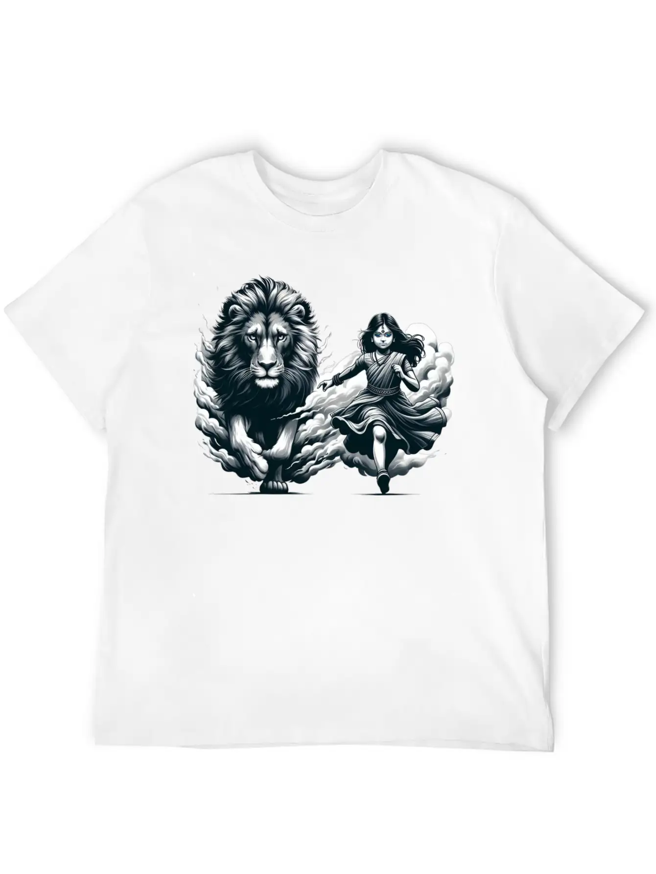 "Graceful Harmony: Girl Running With Lion In Gray Basic Graphic T-Shirt ¨C Daily Comfort In Soft Cotton