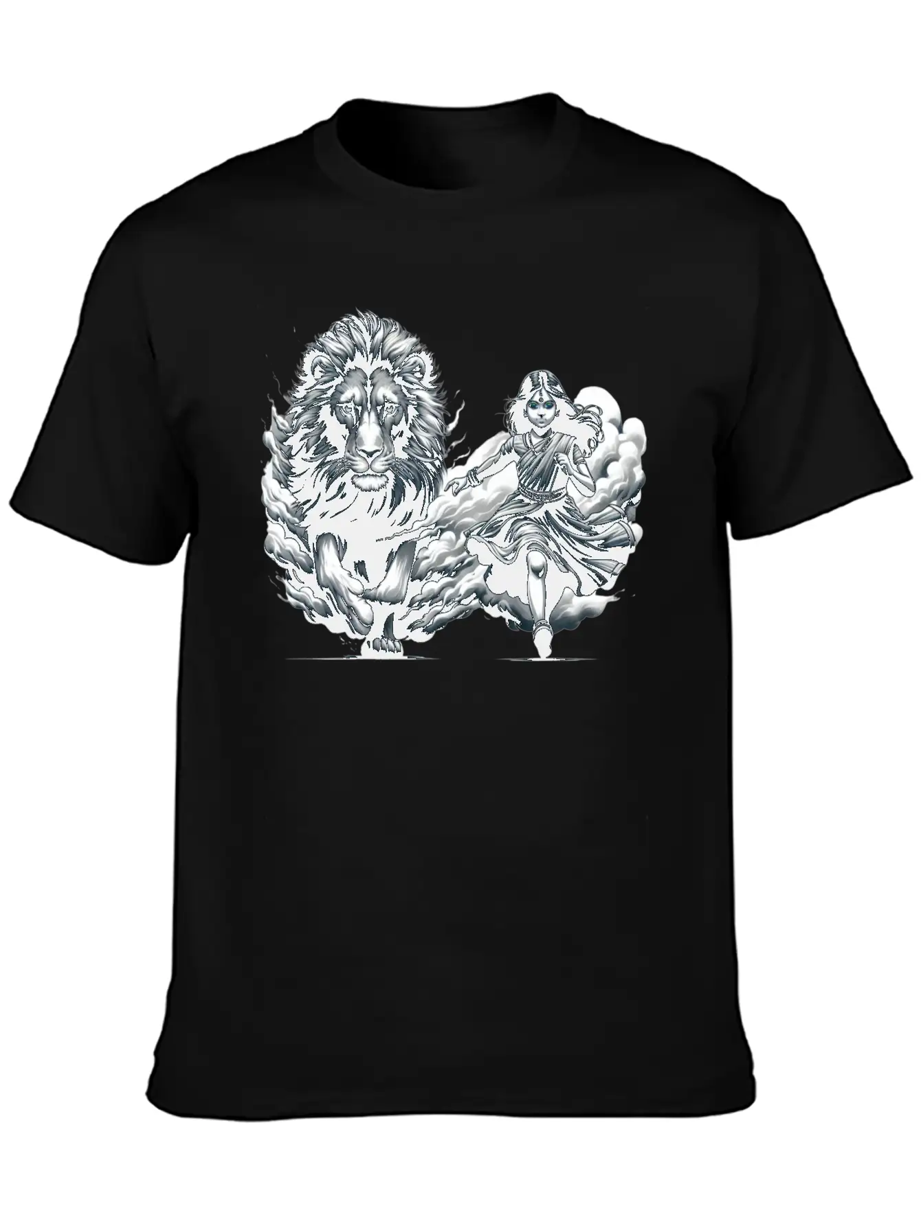 "Graceful Harmony: Girl Running With Lion In Gray Basic Graphic T-Shirt ¨C Daily Comfort In Soft Cotton