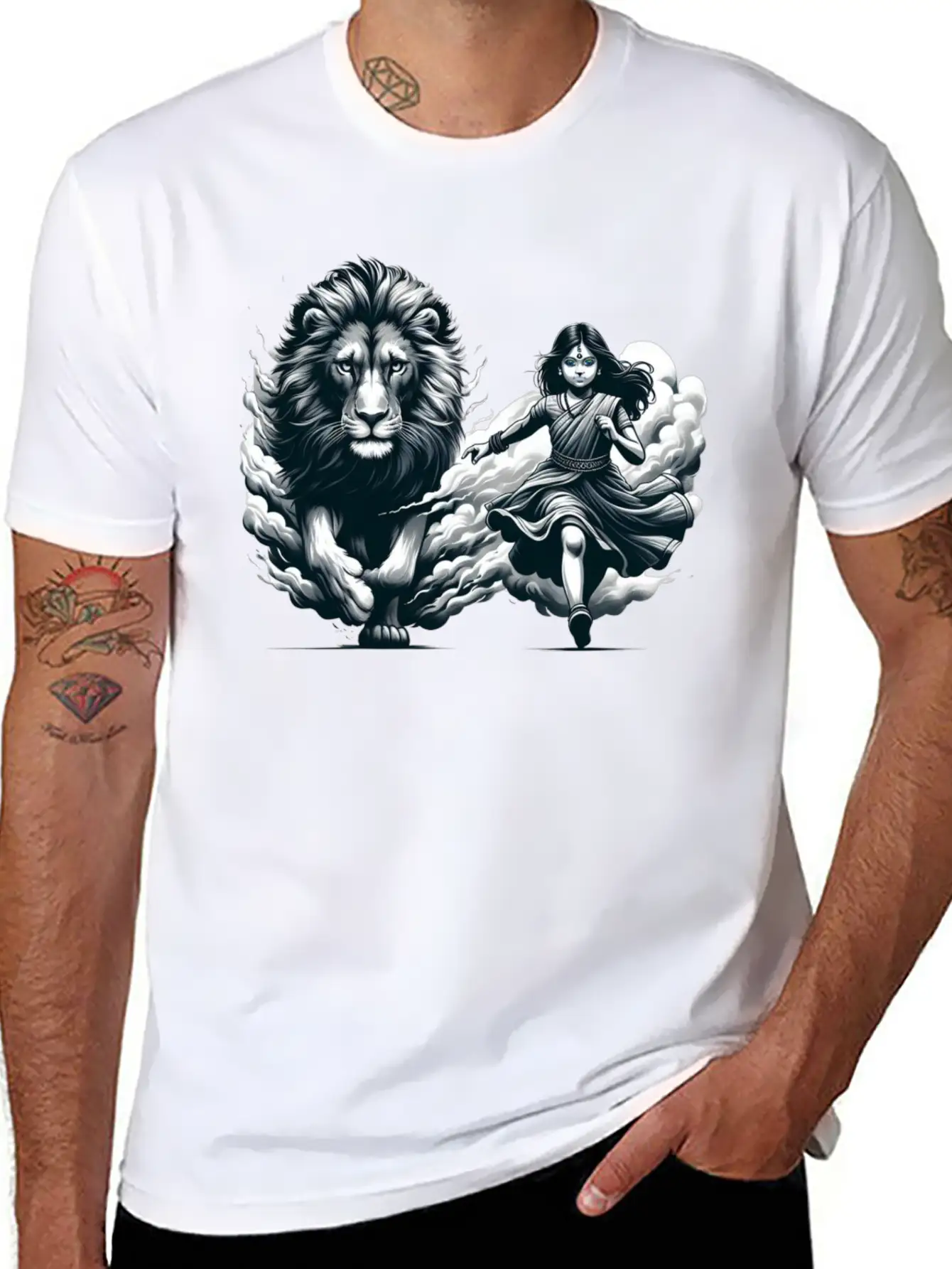 "Graceful Harmony: Girl Running With Lion In Gray Basic Graphic T-Shirt ¨C Daily Comfort In Soft Cotton