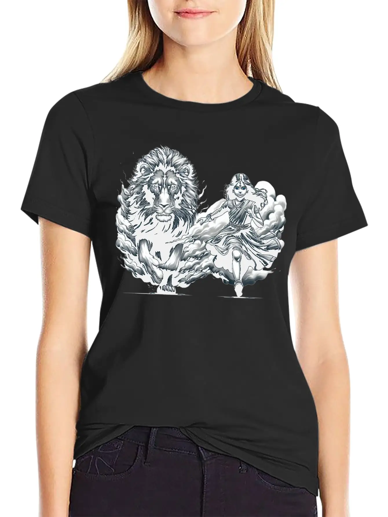"Graceful Harmony: Girl Running With Lion In Gray Basic Graphic T-Shirt ¨C Daily Comfort In Soft Cotton