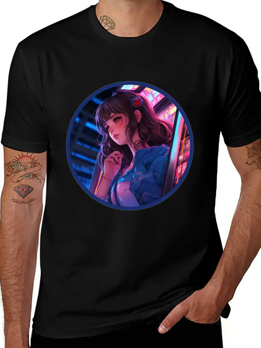 Jukebox Anime Girl Vaporwave Neon Glow Retro Basic Graphic T-Shirt ¨C Daily Comfort In Soft Cotton