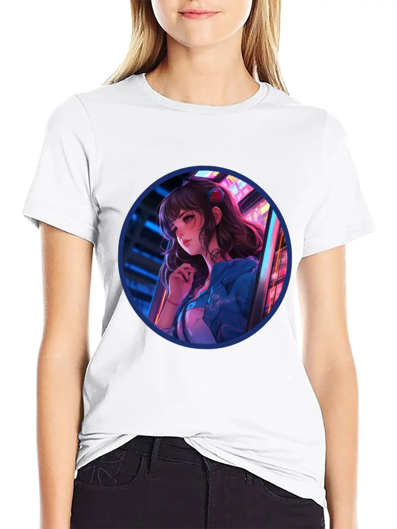 Jukebox Anime Girl Vaporwave Neon Glow Retro Basic Graphic T-Shirt ¨C Daily Comfort In Soft Cotton
