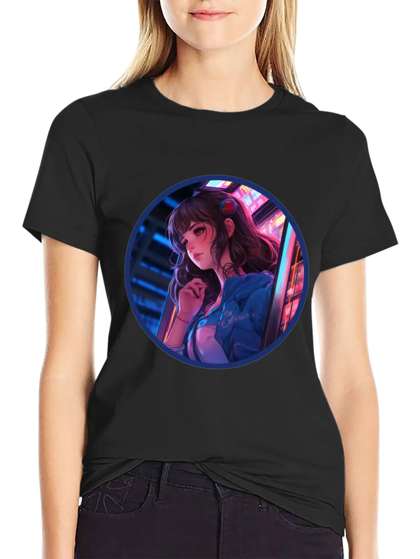 Jukebox Anime Girl Vaporwave Neon Glow Retro Basic Graphic T-Shirt ¨C Daily Comfort In Soft Cotton