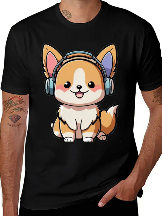 Kawaii Cute Happy Colorful Dog With Headphones Basic Graphic T-Shirt ¨C Daily Comfort In Soft Cotton