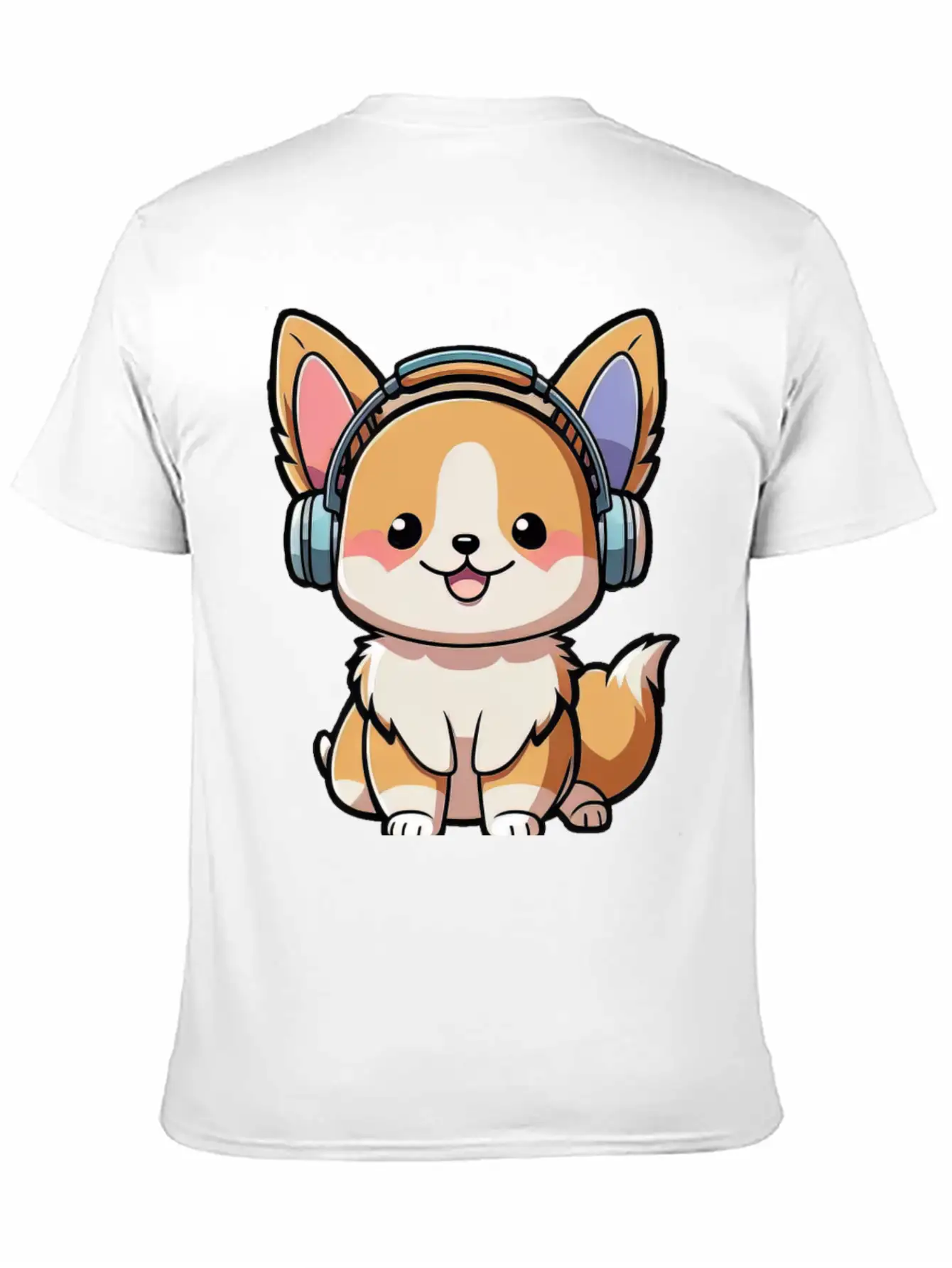 Kawaii Cute Happy Colorful Dog With Headphones Basic Graphic T-Shirt ¨C Daily Comfort In Soft Cotton