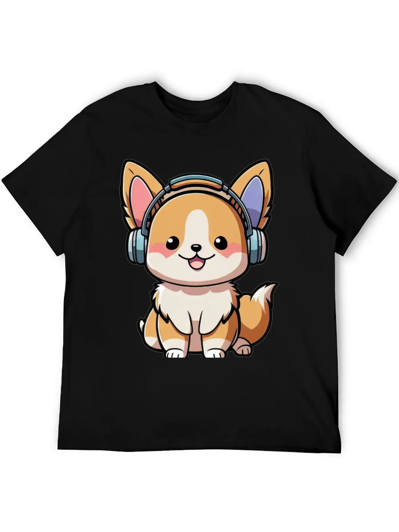 Kawaii Cute Happy Colorful Dog With Headphones Basic Graphic T-Shirt ¨C Daily Comfort In Soft Cotton
