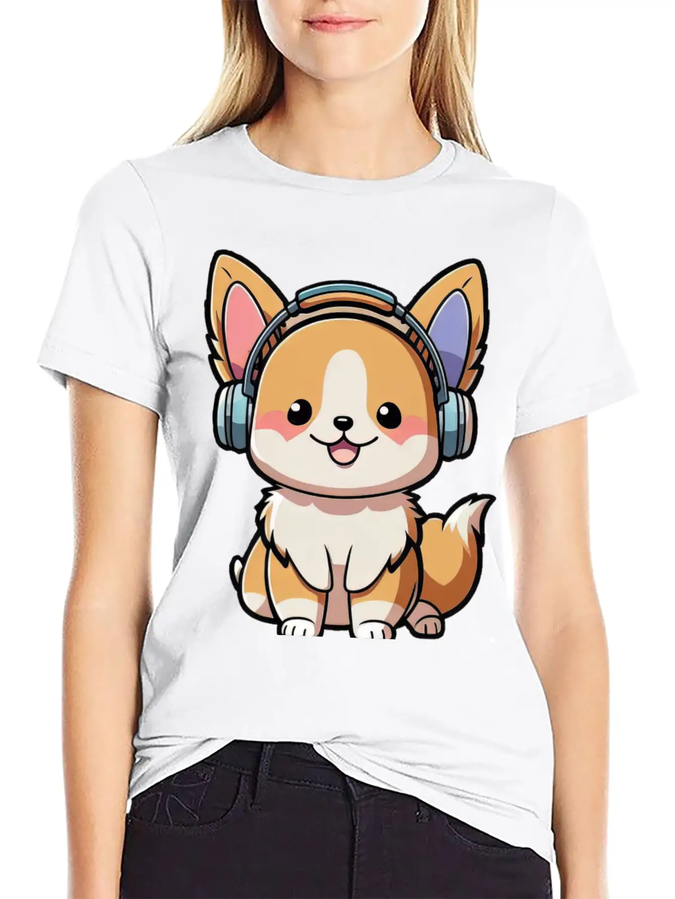 Kawaii Cute Happy Colorful Dog With Headphones Basic Graphic T-Shirt ¨C Daily Comfort In Soft Cotton