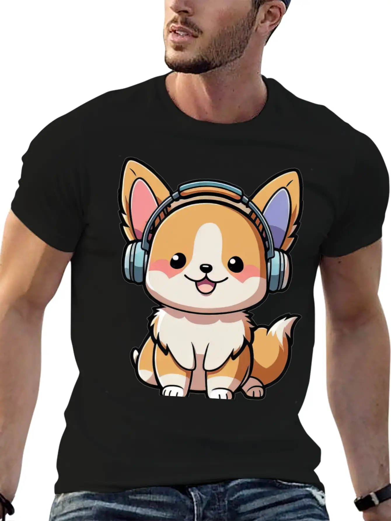 Kawaii Cute Happy Colorful Dog With Headphones Basic Graphic T-Shirt ¨C Daily Comfort In Soft Cotton