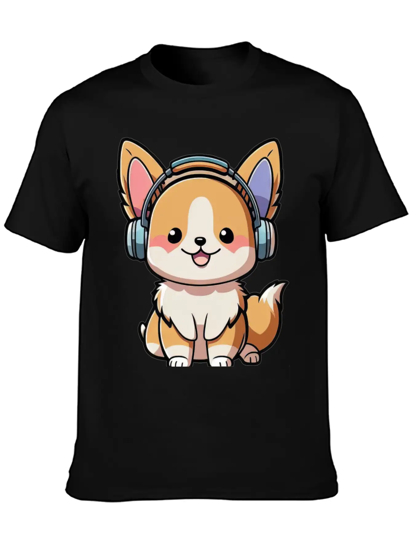 Kawaii Cute Happy Colorful Dog With Headphones Basic Graphic T-Shirt ¨C Daily Comfort In Soft Cotton