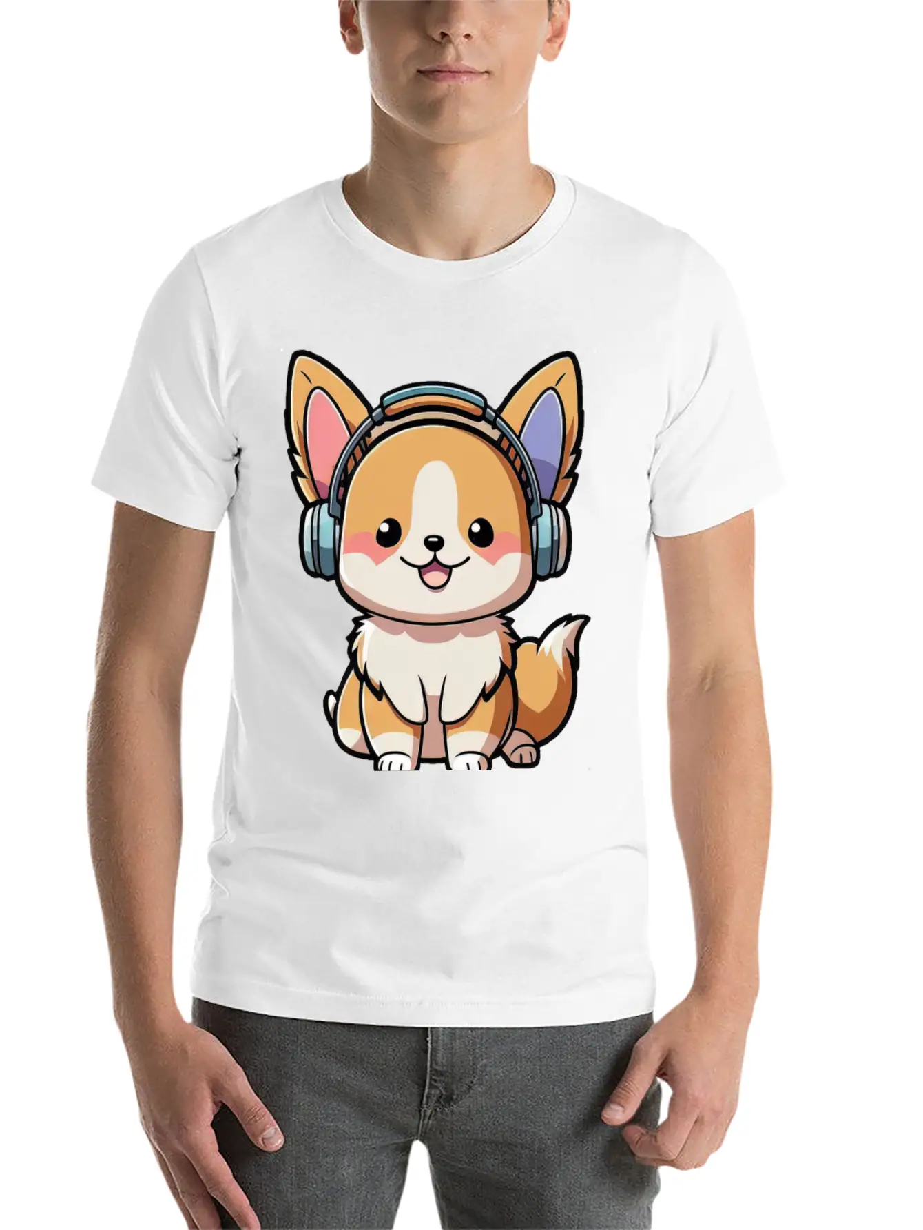 Kawaii Cute Happy Colorful Dog With Headphones Basic Graphic T-Shirt ¨C Daily Comfort In Soft Cotton