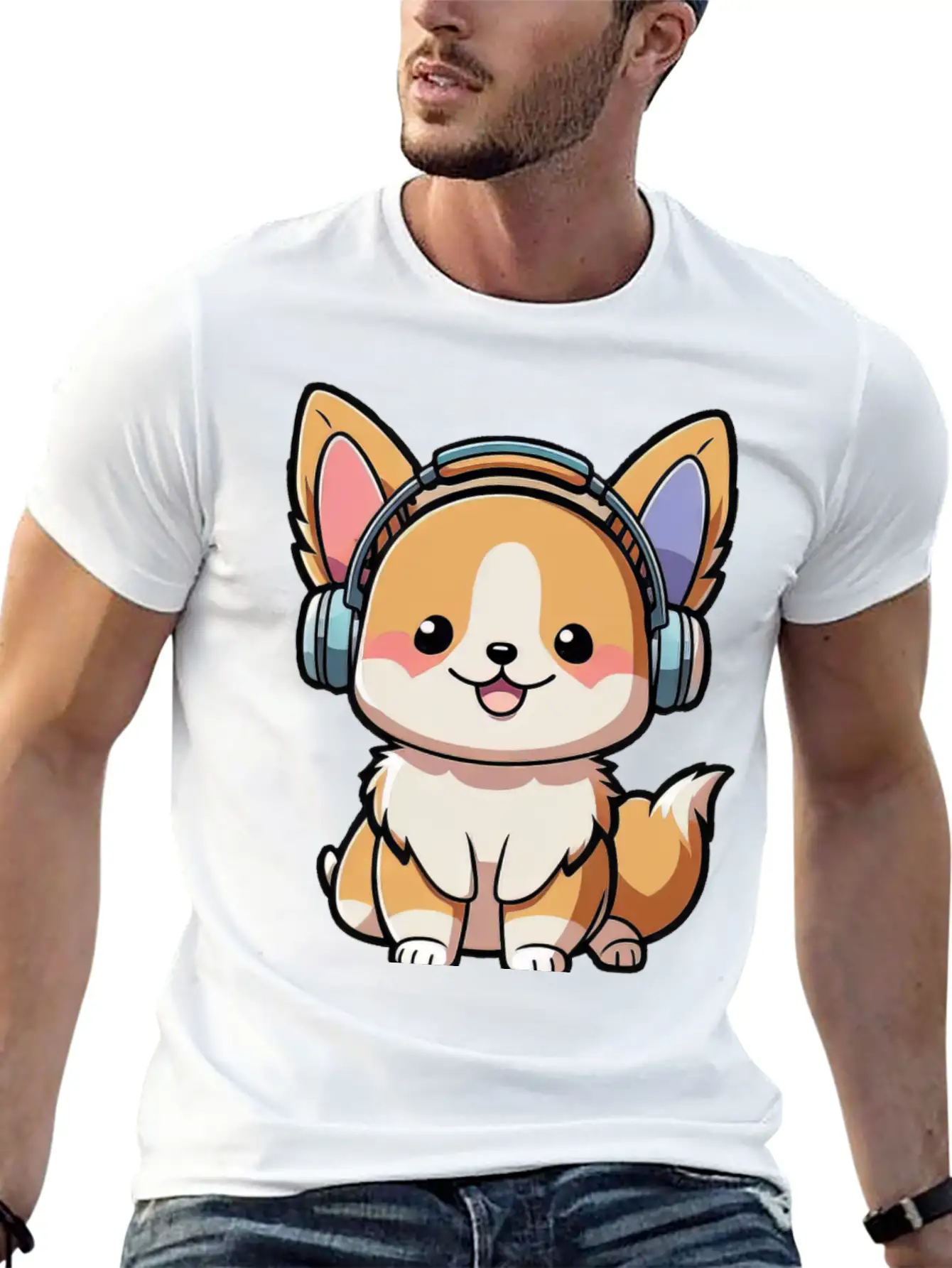 Kawaii Cute Happy Colorful Dog With Headphones Basic Graphic T-Shirt ¨C Daily Comfort In Soft Cotton
