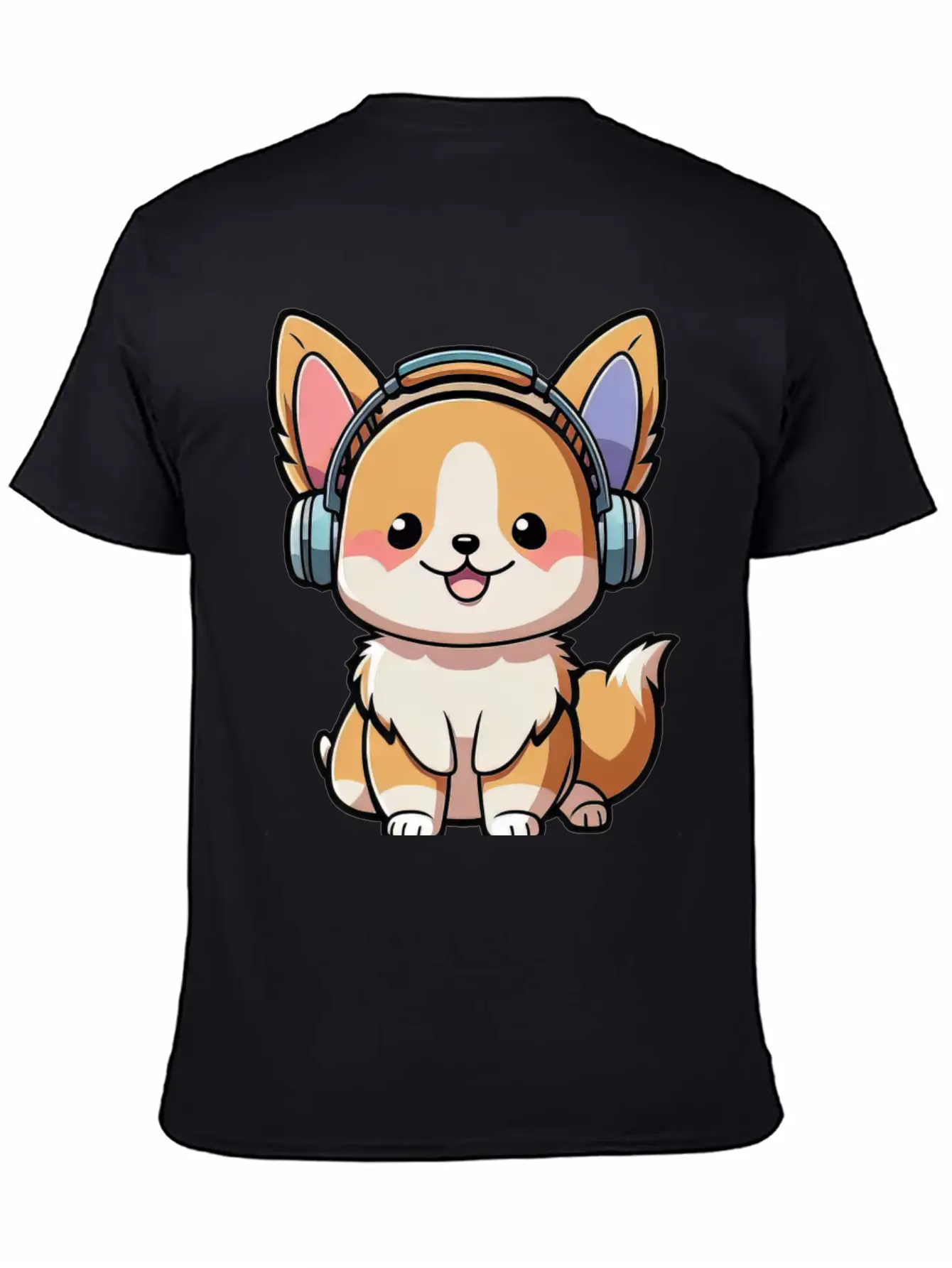 Kawaii Cute Happy Colorful Dog With Headphones Basic Graphic T-Shirt ¨C Daily Comfort In Soft Cotton
