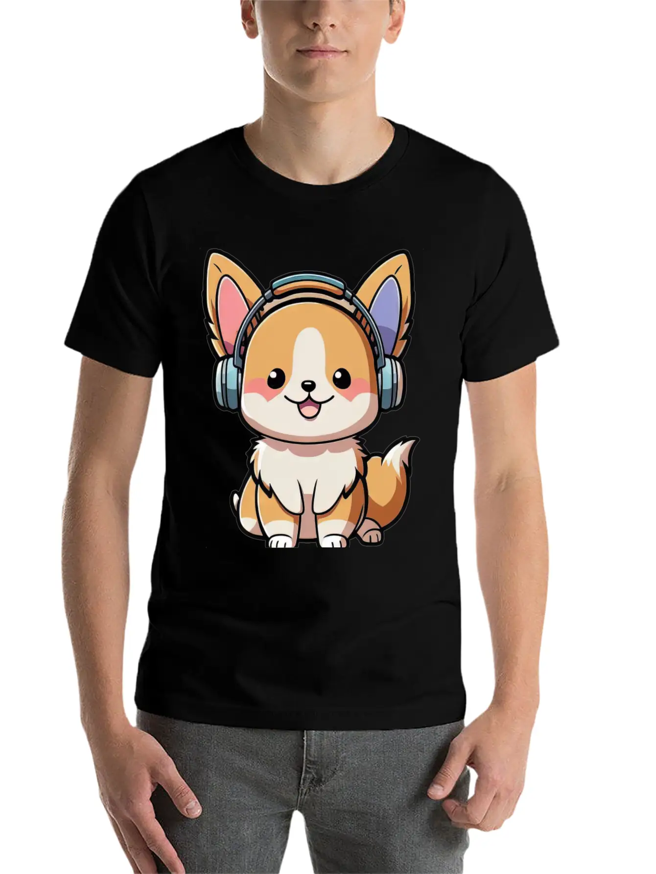 Kawaii Cute Happy Colorful Dog With Headphones Basic Graphic T-Shirt ¨C Daily Comfort In Soft Cotton