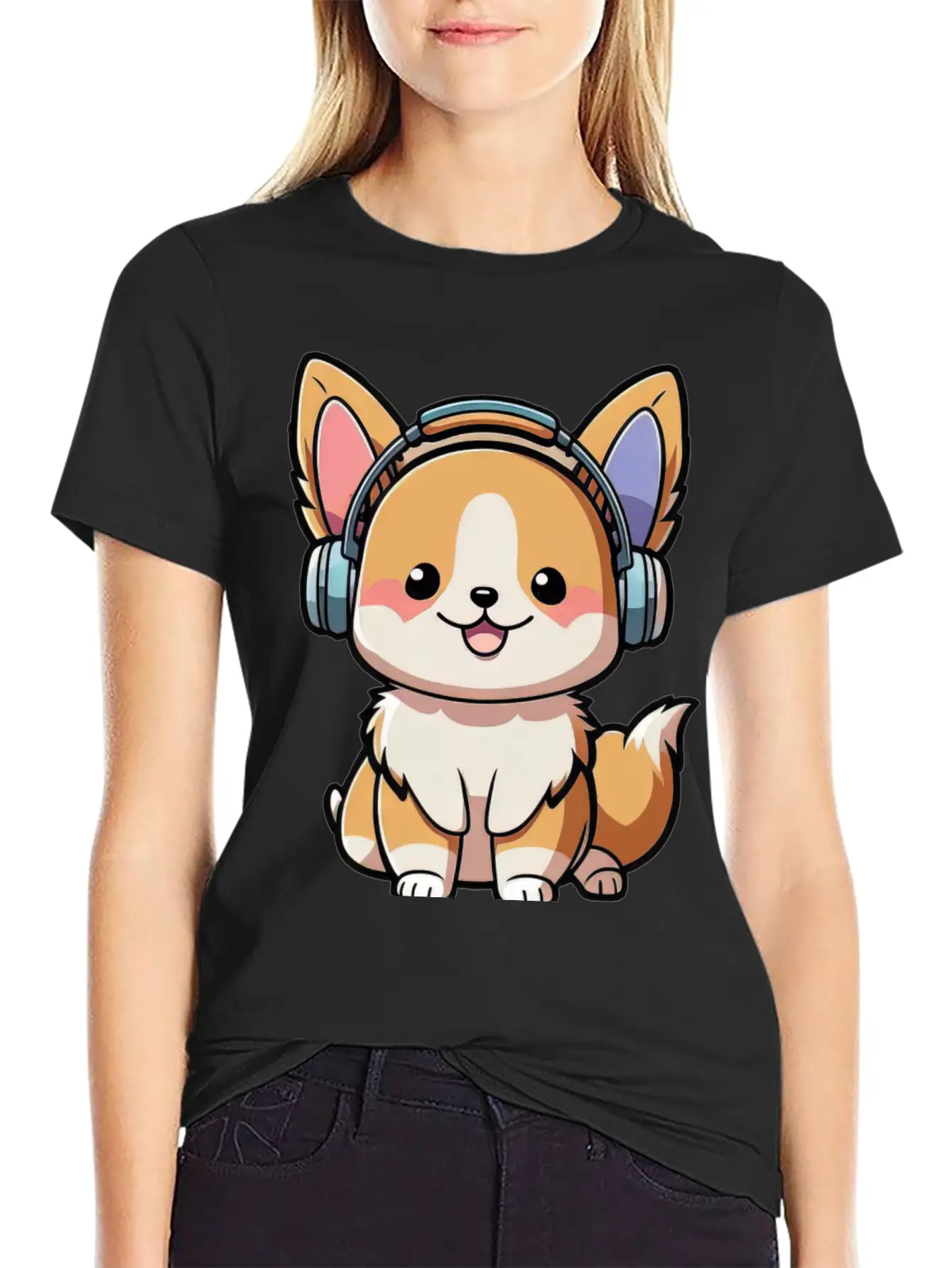 Kawaii Cute Happy Colorful Dog With Headphones Basic Graphic T-Shirt ¨C Daily Comfort In Soft Cotton