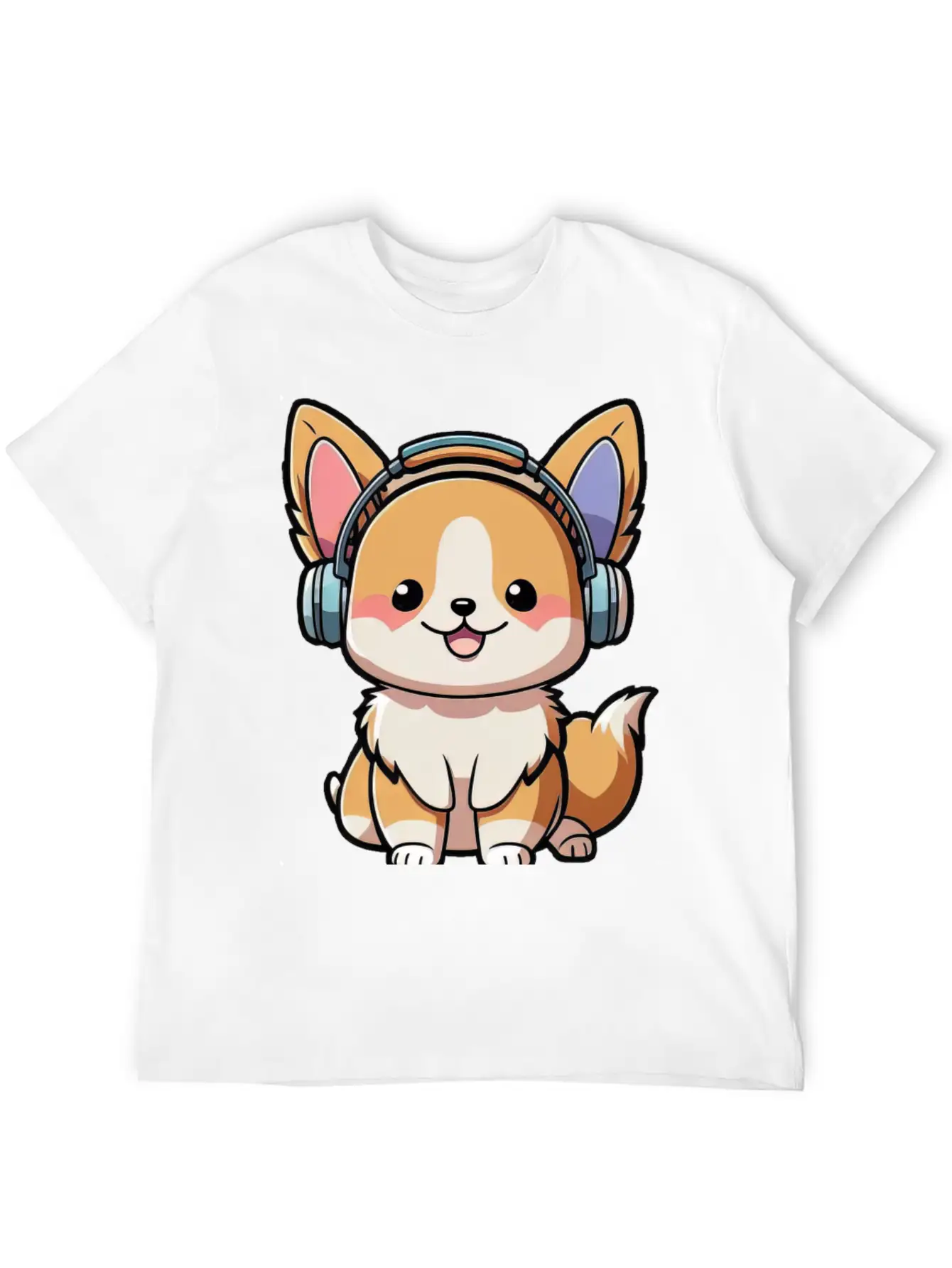 Kawaii Cute Happy Colorful Dog With Headphones Basic Graphic T-Shirt ¨C Daily Comfort In Soft Cotton