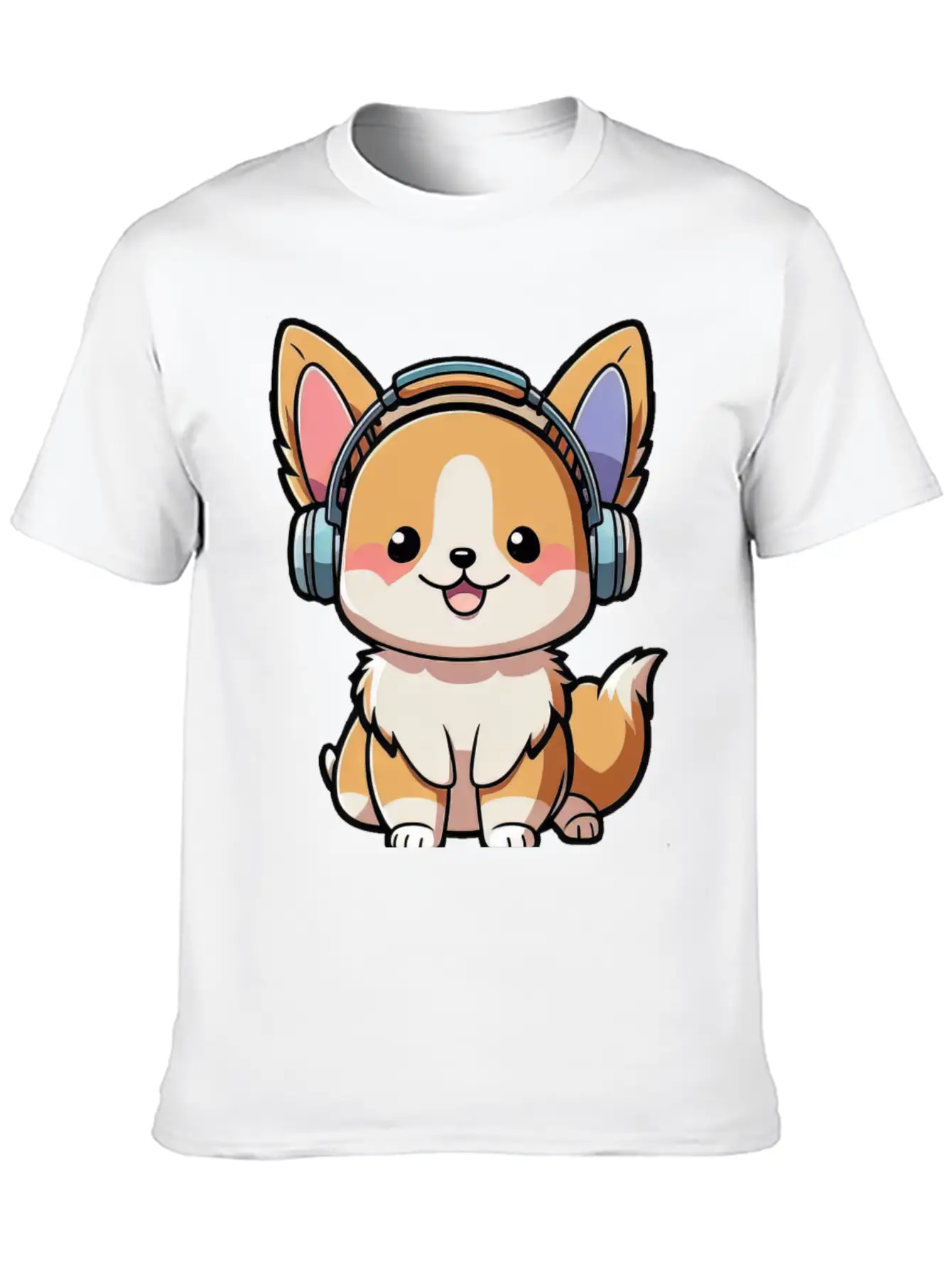Kawaii Cute Happy Colorful Dog With Headphones Basic Graphic T-Shirt ¨C Daily Comfort In Soft Cotton