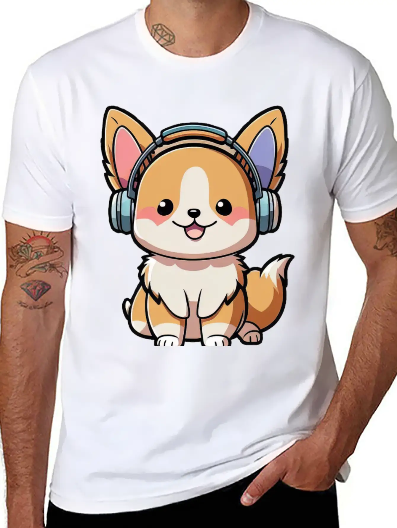 Kawaii Cute Happy Colorful Dog With Headphones Basic Graphic T-Shirt ¨C Daily Comfort In Soft Cotton